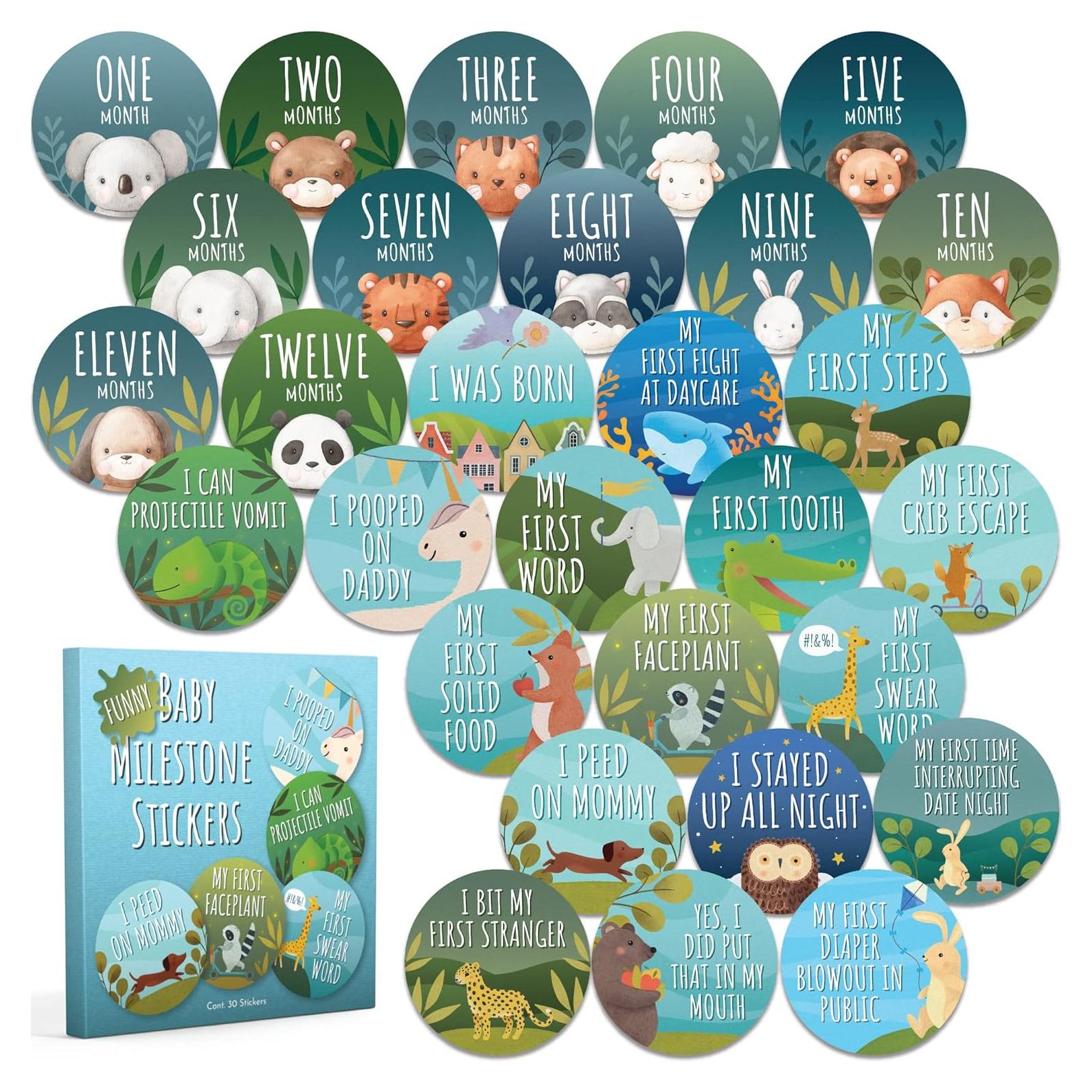 30 Pegatinas de Hitos para Bebés Ellopi - Azul y Verde