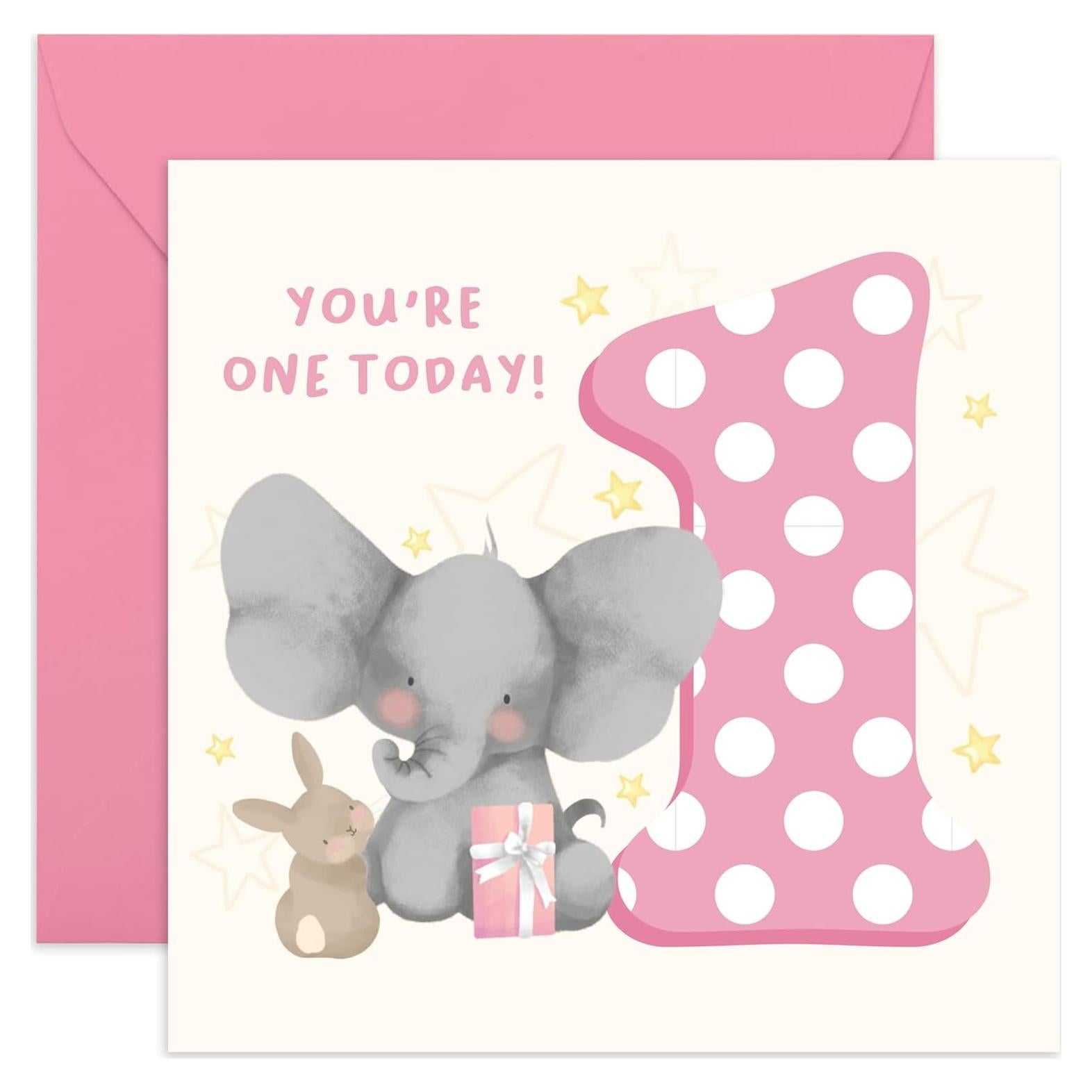 Tarjeta de Cumpleaños 1er Año CENTRAL 23 Elefante Conejo