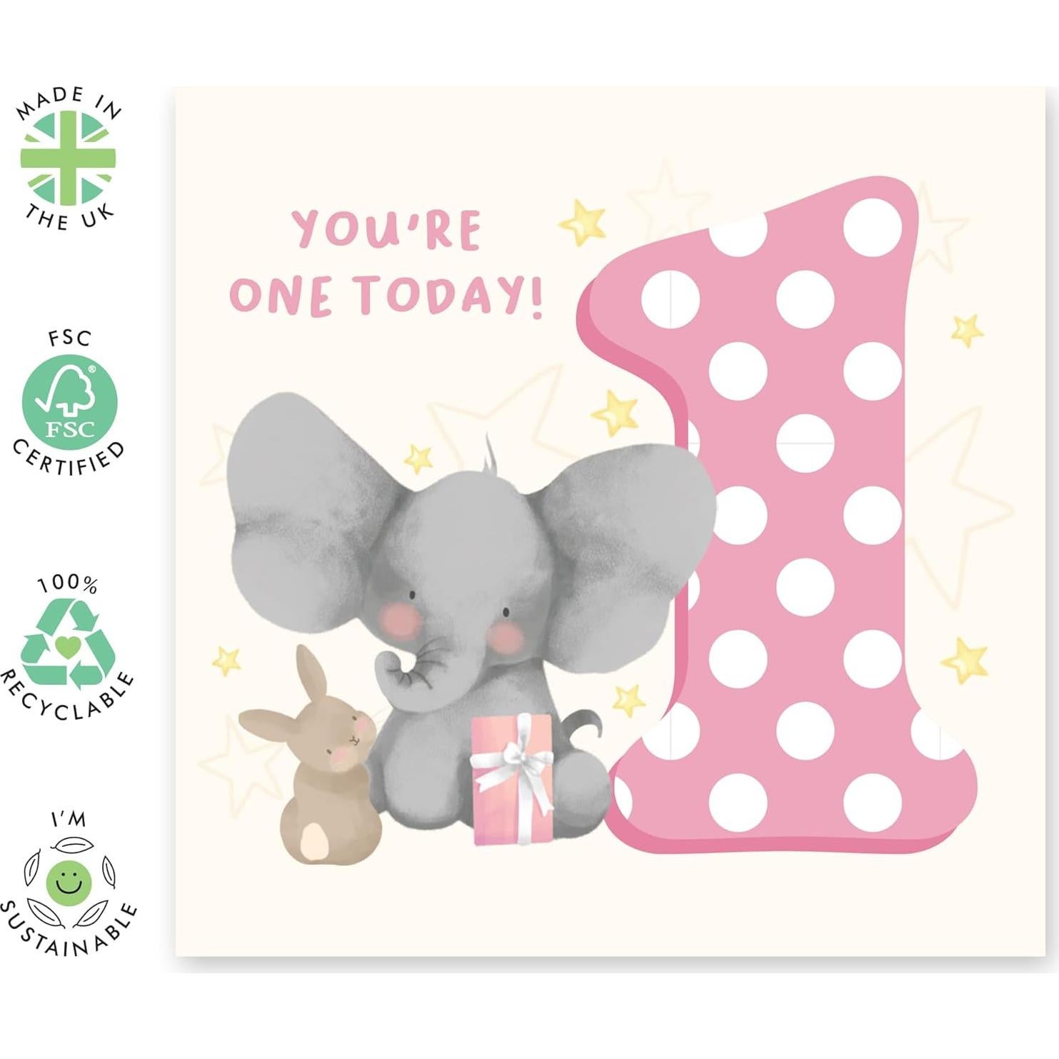 Tarjeta de Cumpleaños 1er Año CENTRAL 23 Elefante Conejo