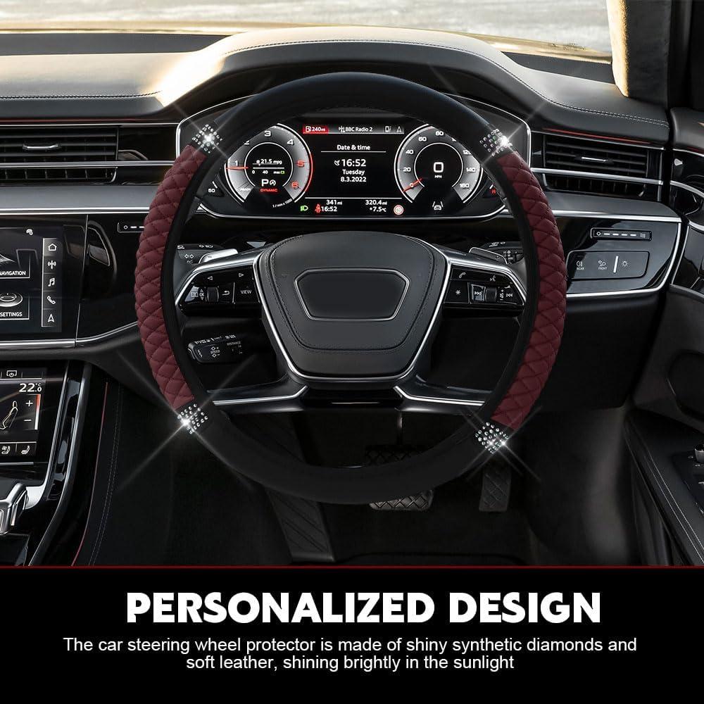 Cubierta de Volante de Cuero HQRNYP 15 Pulgadas Antideslizante Rojo Vino