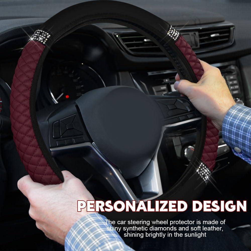 Cubierta de Volante de Cuero HQRNYP 15 Pulgadas Antideslizante Rojo Vino