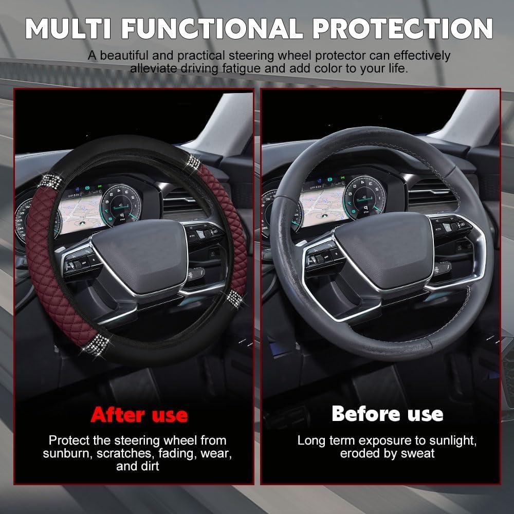 Cubierta de Volante de Cuero HQRNYP 15 Pulgadas Antideslizante Rojo Vino