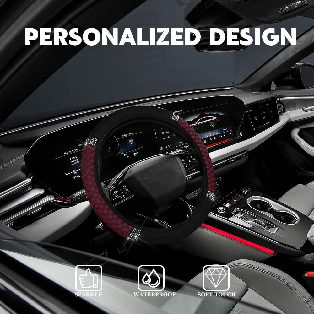 Cubierta de Volante de Cuero HQRNYP 15 Pulgadas Antideslizante Rojo Vino