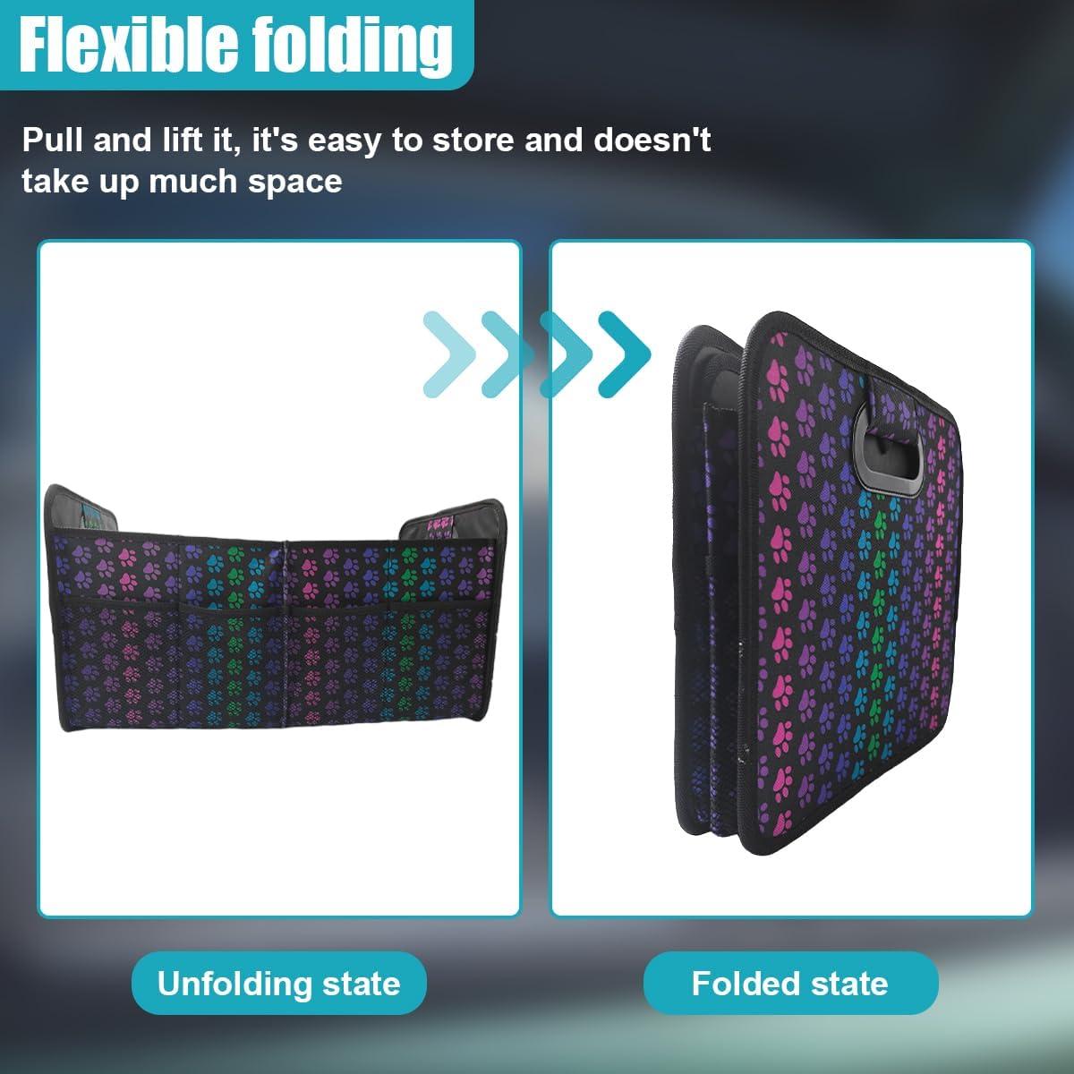 Car Trunk Organizer, Collapsible Multi-Compartment Auto Storage Box with 4 Pockets, Waterproof Oxford Fabric Car Trunk Container Accessories for Sedan SUV Truck (Colorful)