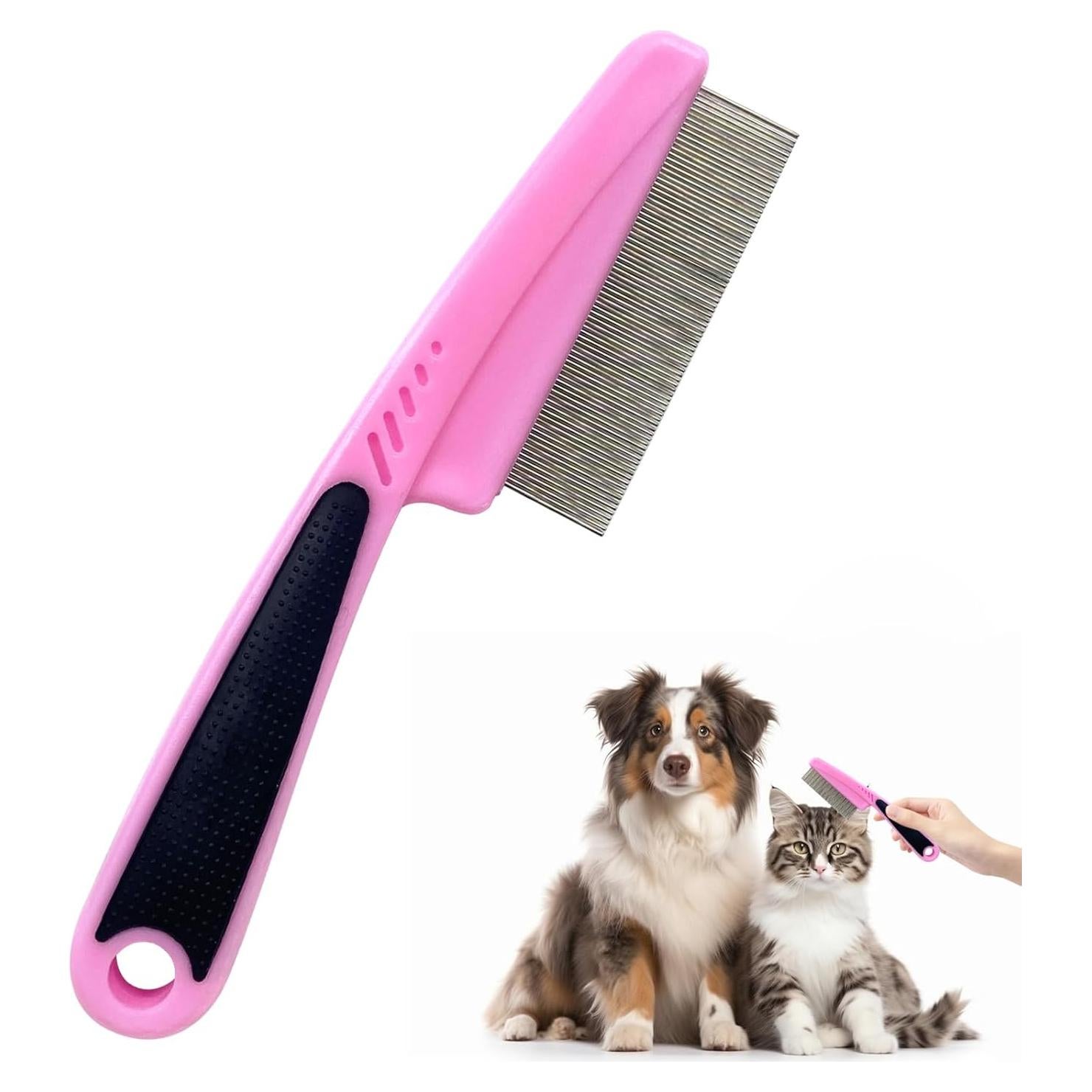 Flea Comb with Rubber Handle, 2025 Upgraded Fine Tooth Dandruff Comb for Dogs & Cats, Fine Tooth Dog Combs for Grooming (Pink)