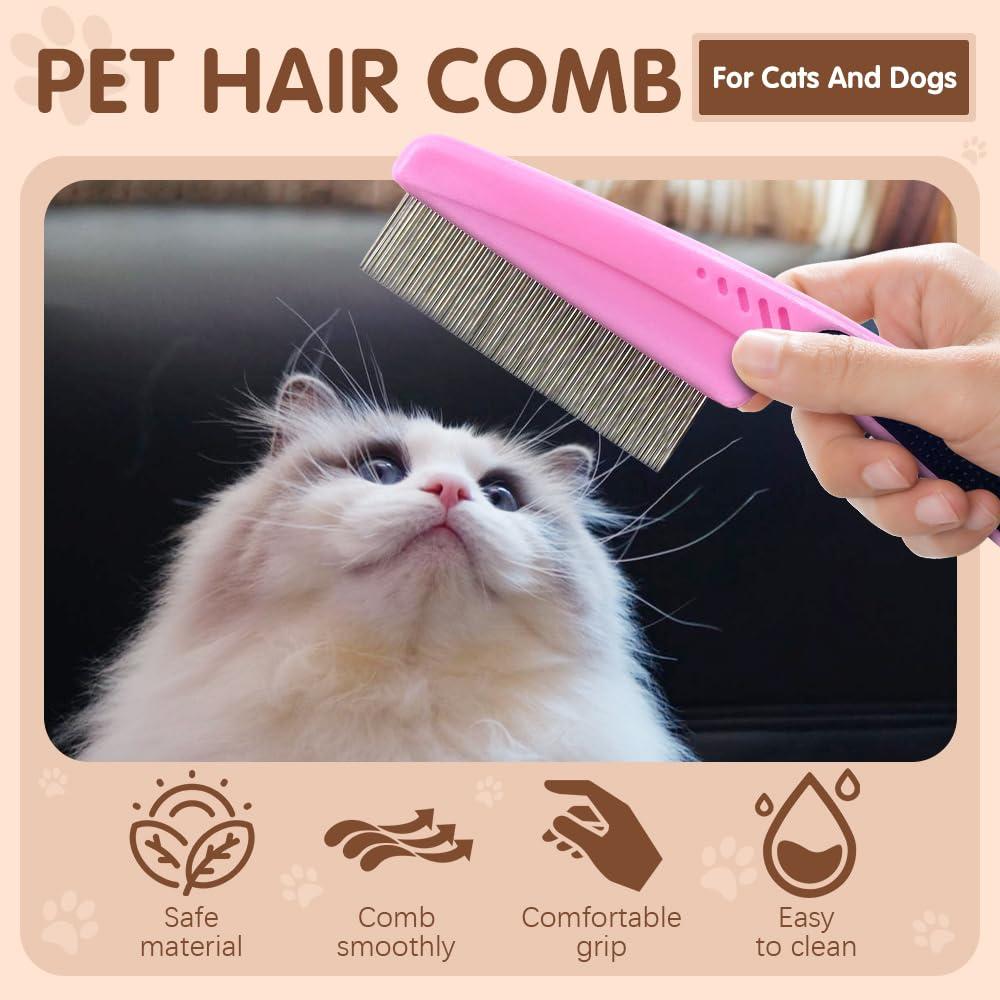 Flea Comb with Rubber Handle, 2025 Upgraded Fine Tooth Dandruff Comb for Dogs & Cats, Fine Tooth Dog Combs for Grooming (Pink)