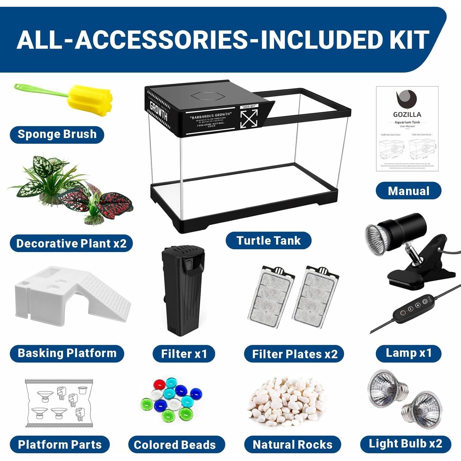 Kit Acuario para Tortugas GOZILLA 40x20x22.86cm con Filtro y Lámpara