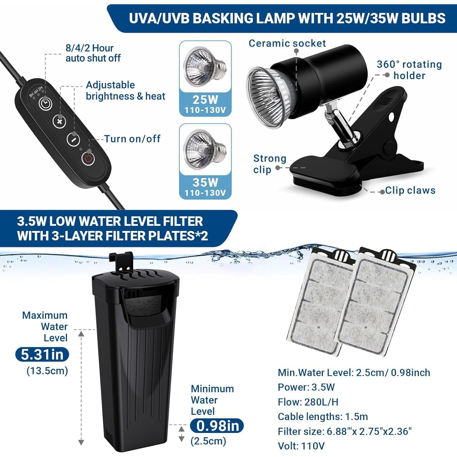 Kit Acuario para Tortugas GOZILLA 40x20x22.86cm con Filtro y Lámpara