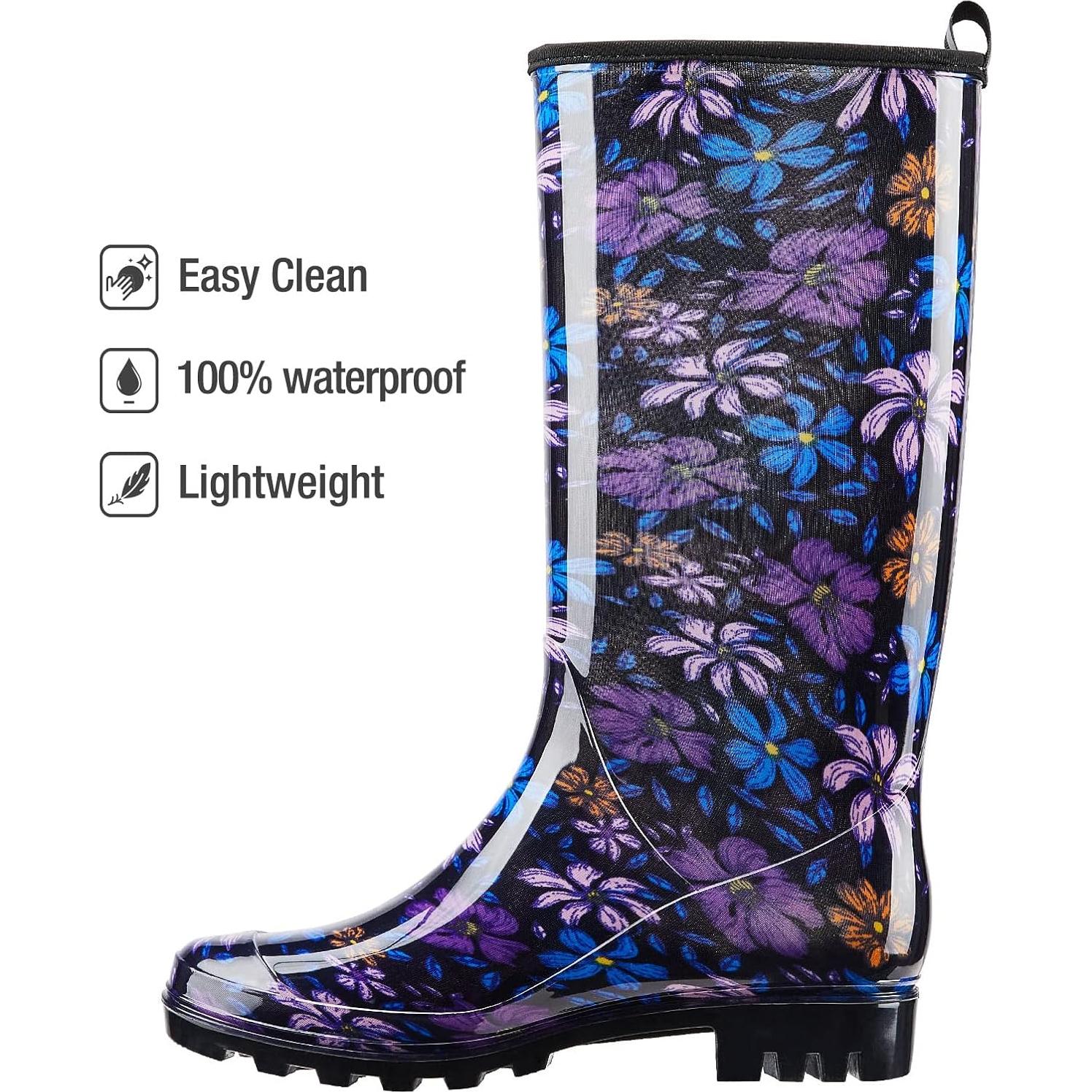 Botas de Lluvia HISEA para Mujeres, Altas hasta la Rodilla, Floral