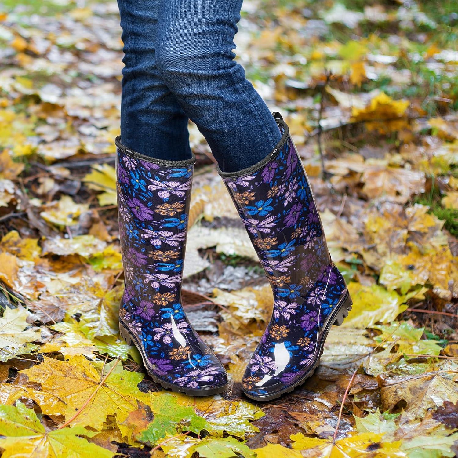 Botas de Lluvia HISEA para Mujeres, Altas hasta la Rodilla, Floral