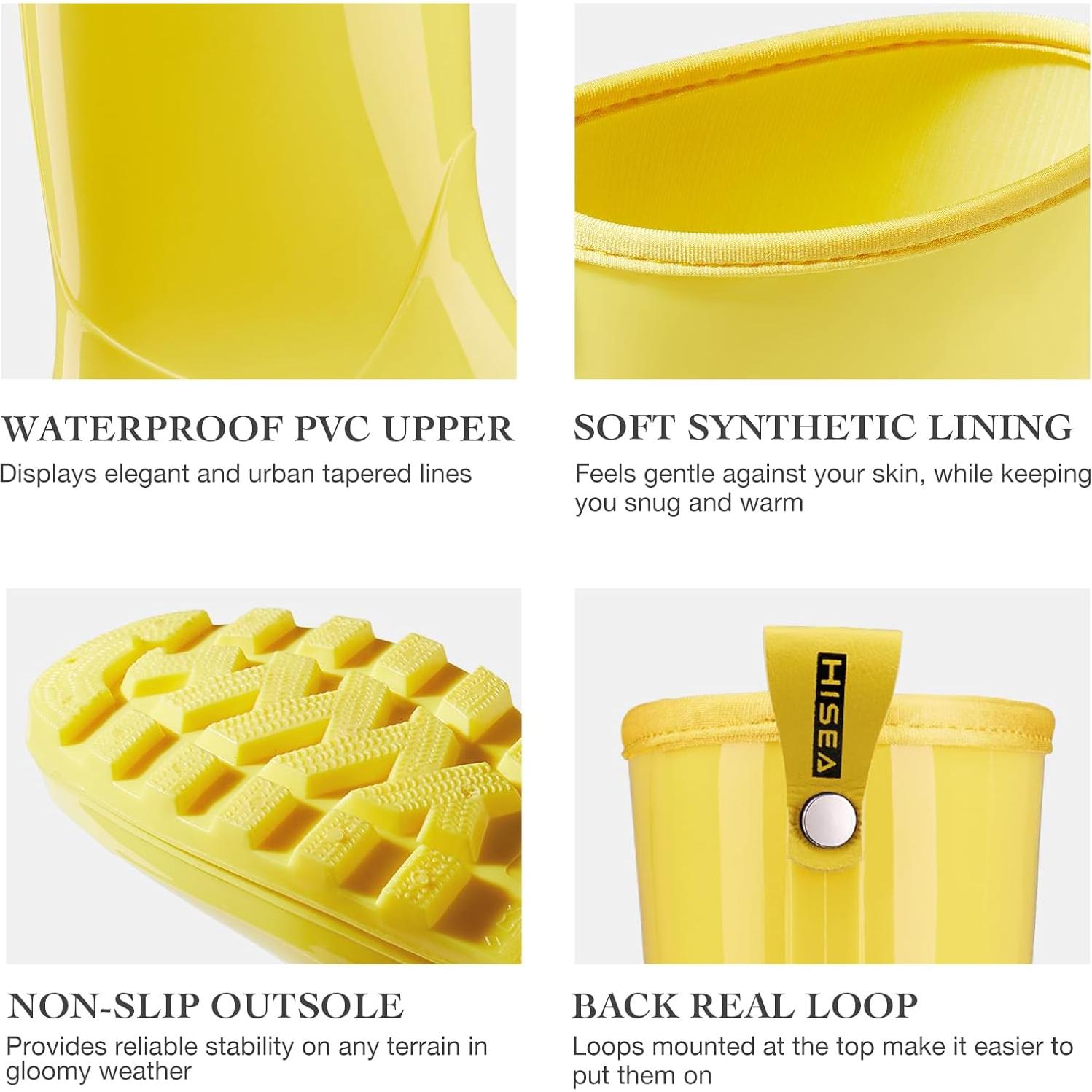 Botas de lluvia HISEA para mujer, media pantorrilla, amarillas