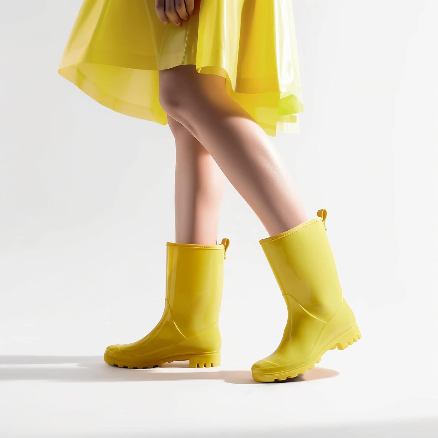 Botas de lluvia HISEA para mujer, media pantorrilla, amarillas