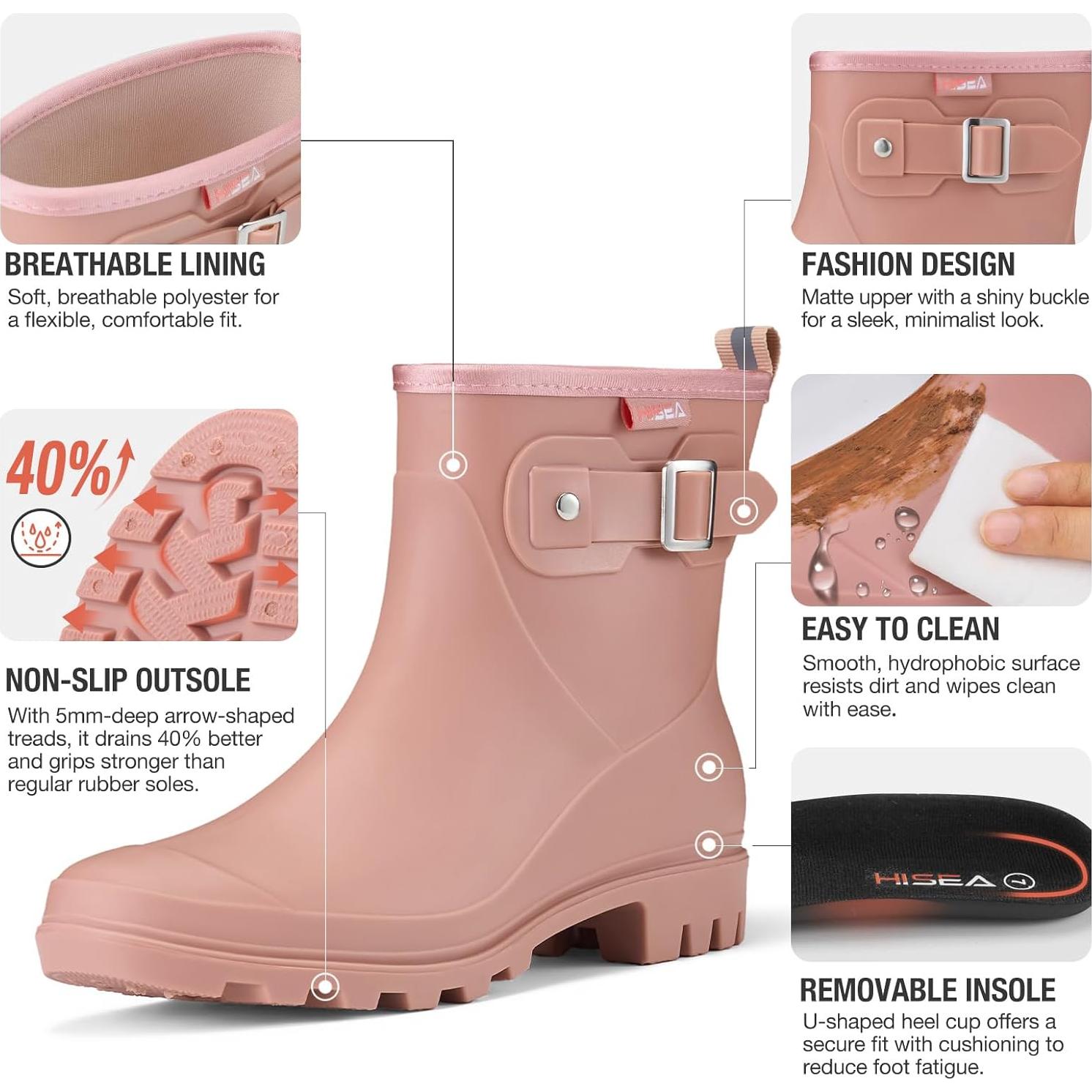 Botas de Lluvia Cortas HISEA para Mujeres, Impermeables y Antideslizantes