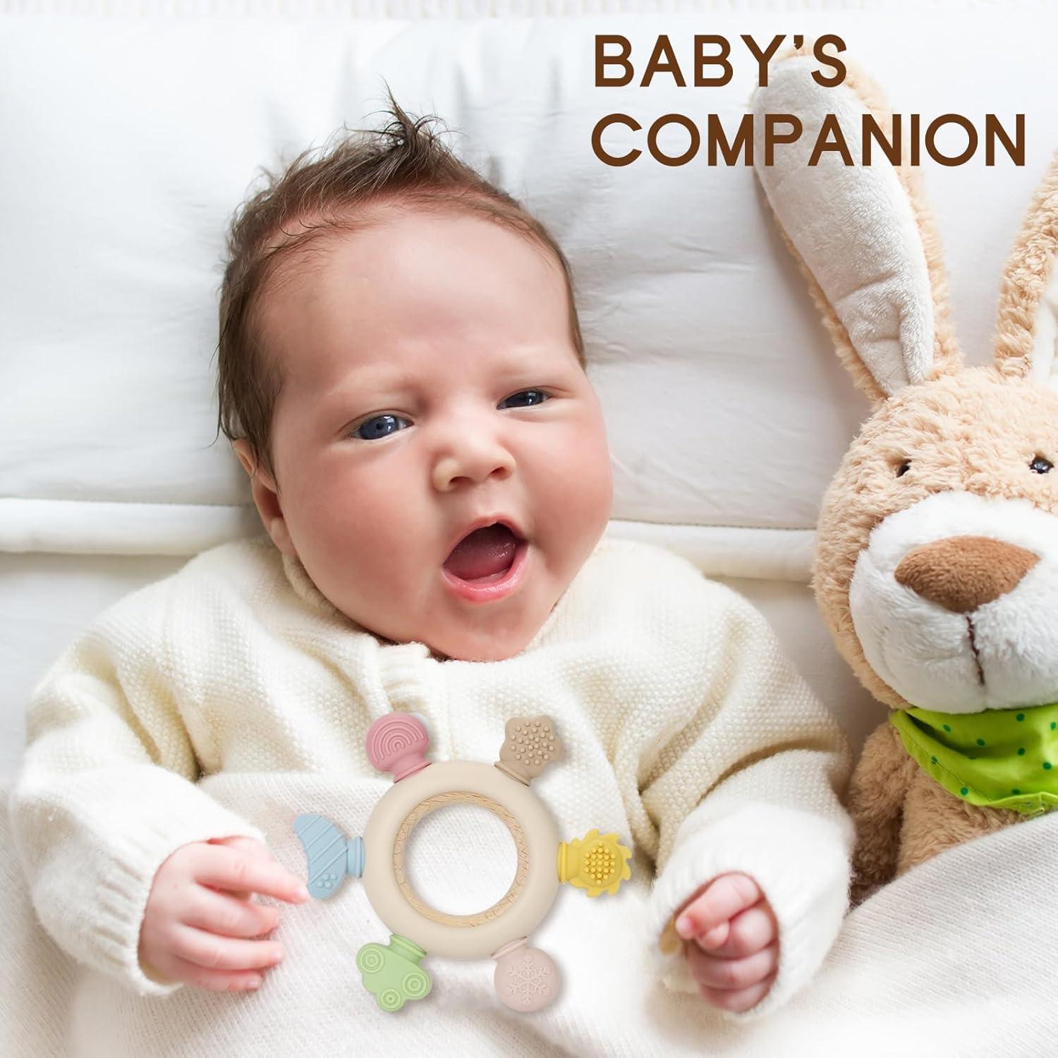 2 Juguetes de Dentición para Bebés Silicona y Madera Natural