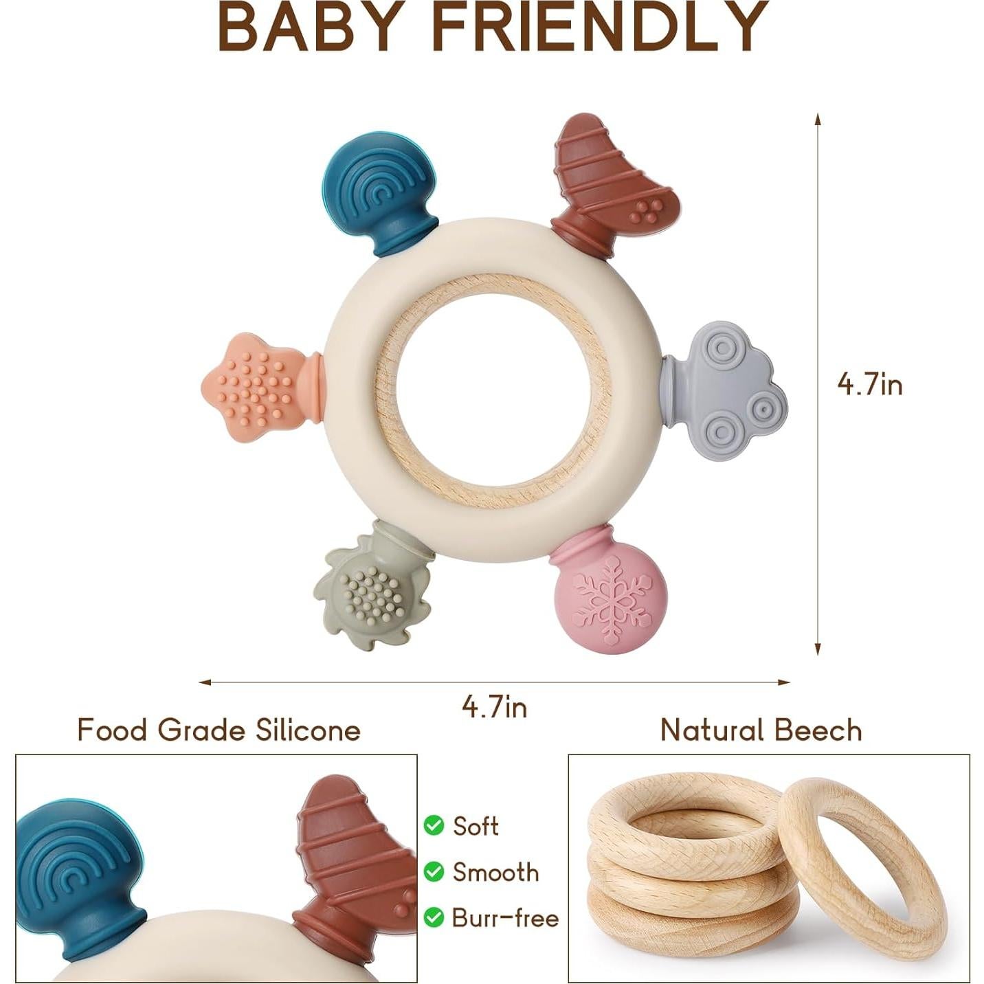 2 Juguetes de Dentición para Bebés Silicona y Madera Natural