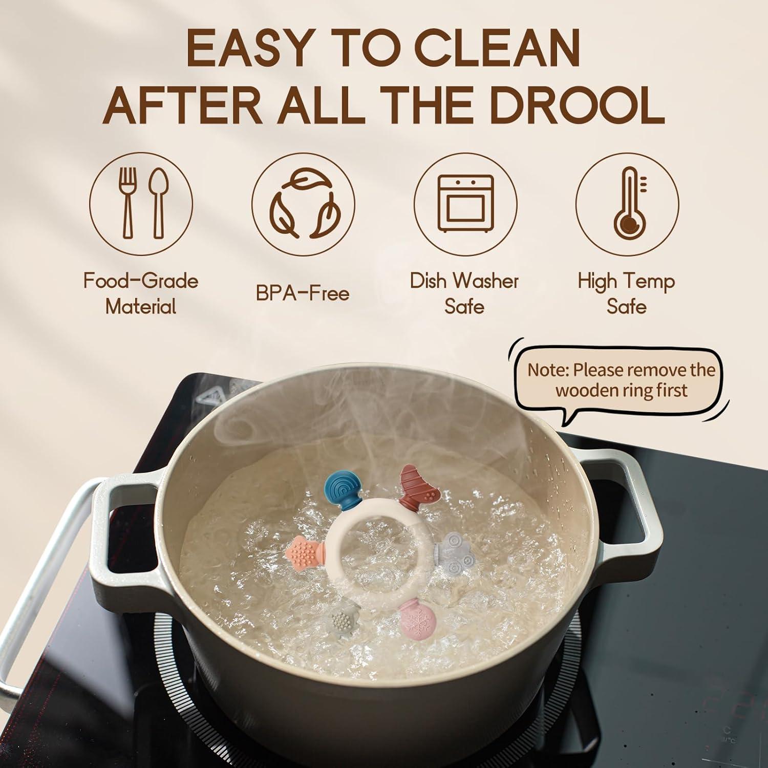 2 Juguetes de Dentición para Bebés Silicona y Madera Natural