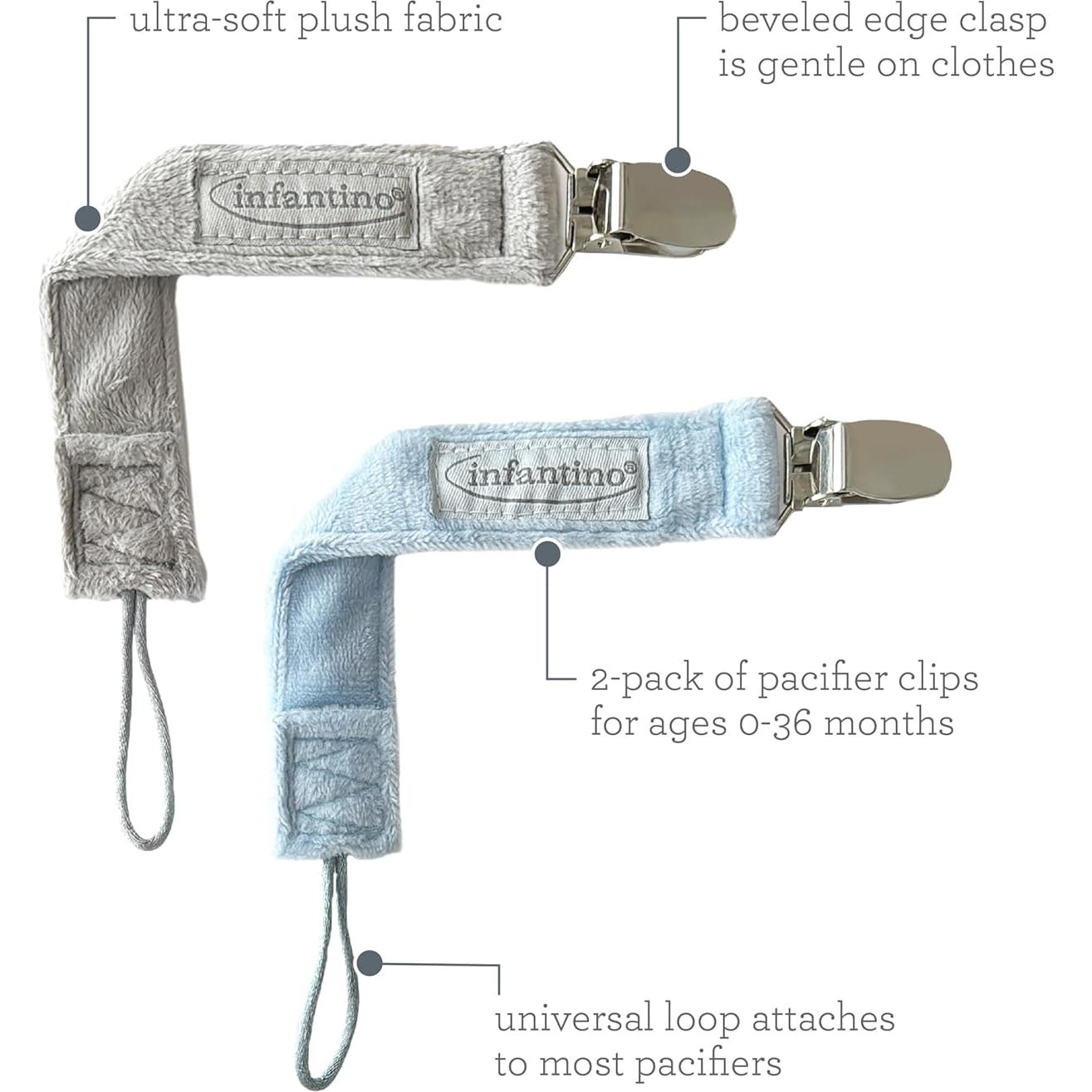Infantino PaciGrip Luxe 2-Pack Clips de Chupete Suaves Azul y Gris