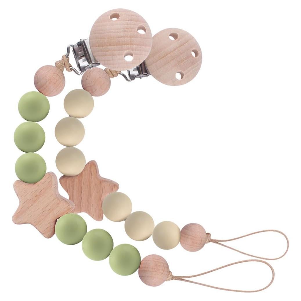Clip de Chupete de Silicona y Madera Verde - 2 Piezas