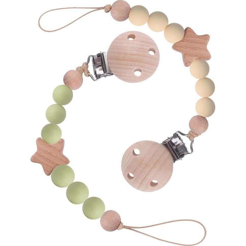 Clip de Chupete de Silicona y Madera Verde - 2 Piezas