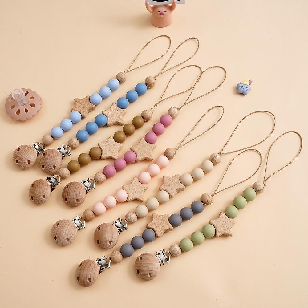 Clip de Chupete de Silicona y Madera Verde - 2 Piezas