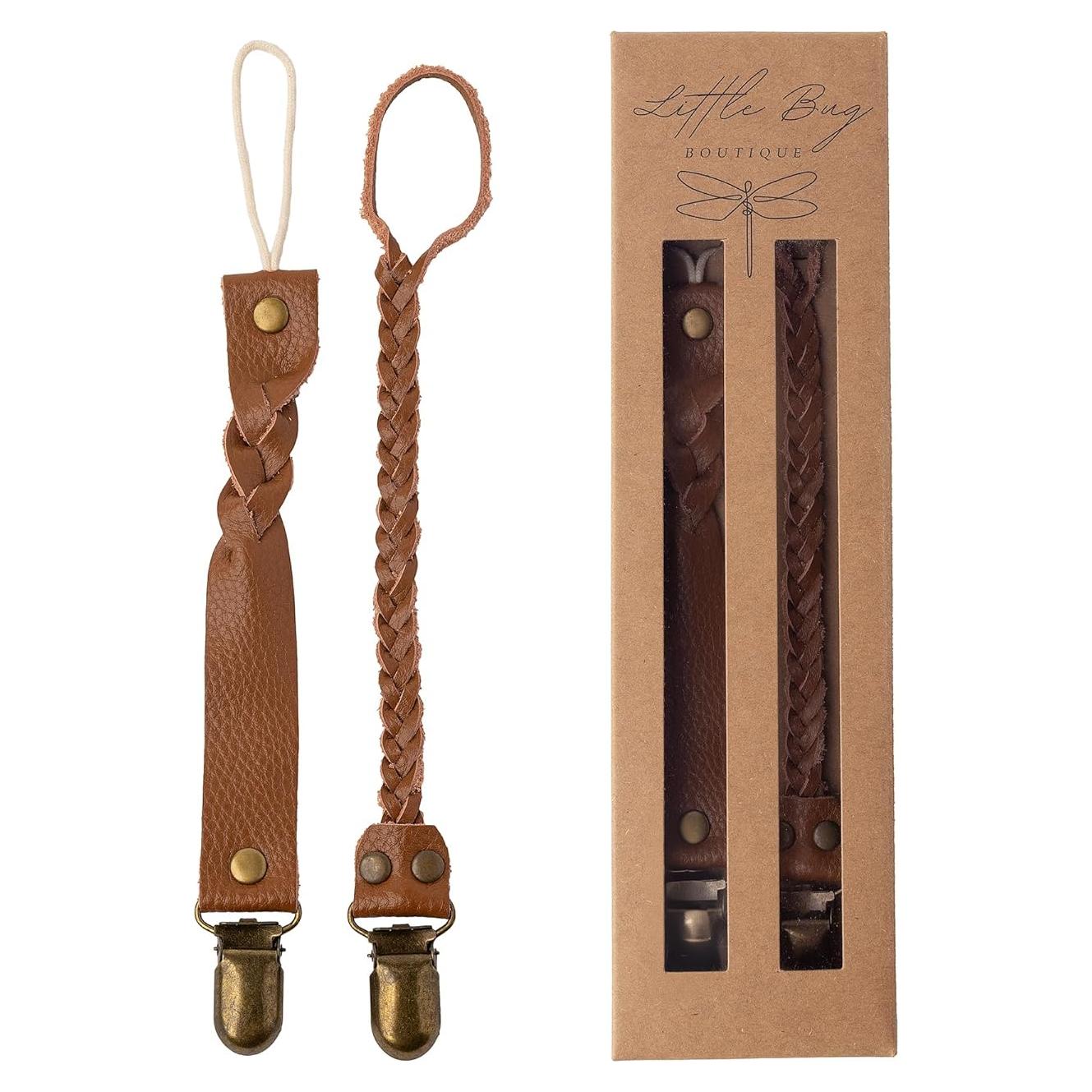 Clips de Chupete de Cuero Premium Little Bug Boutique - Marrón Camello