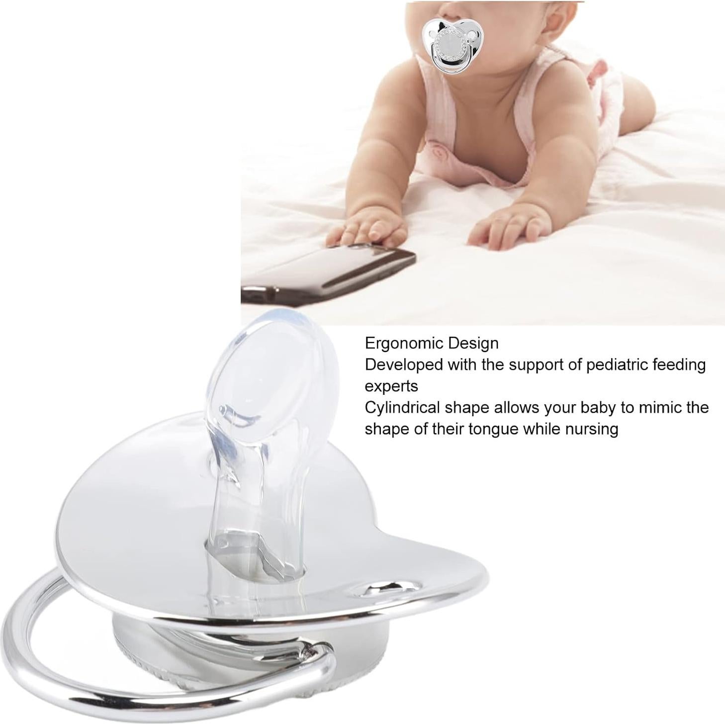 Chupete Brillante para Bebé con Clip DIY Plata M 6-18 Meses