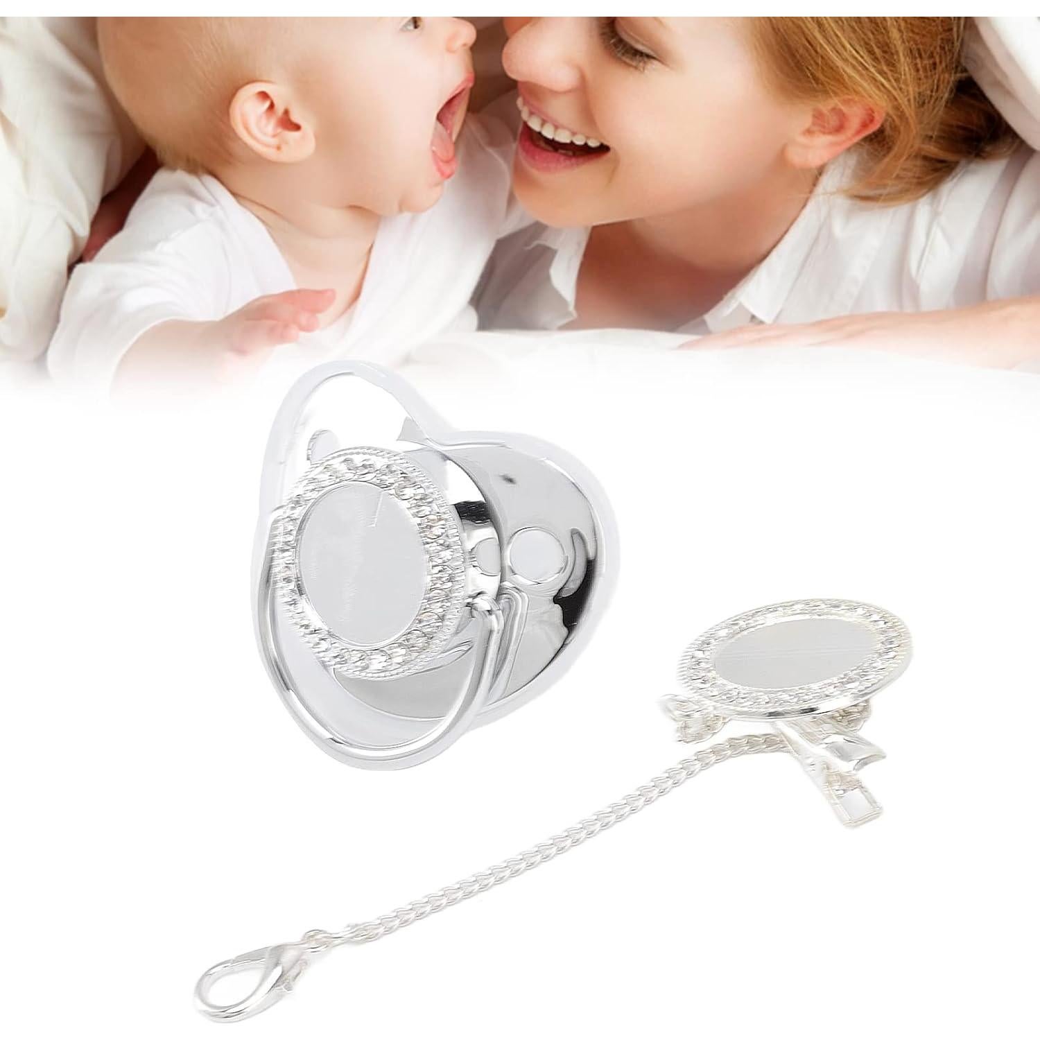 Chupete Brillante para Bebé con Clip DIY Plata M 6-18 Meses