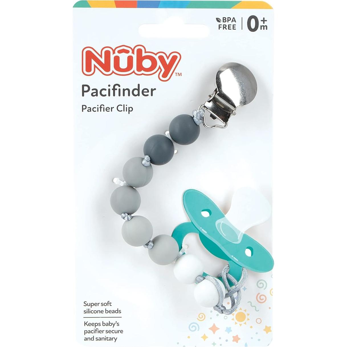 Pacifinder de Silicona Nuby con Clip Metal 0+ Meses Gris/Aqua
