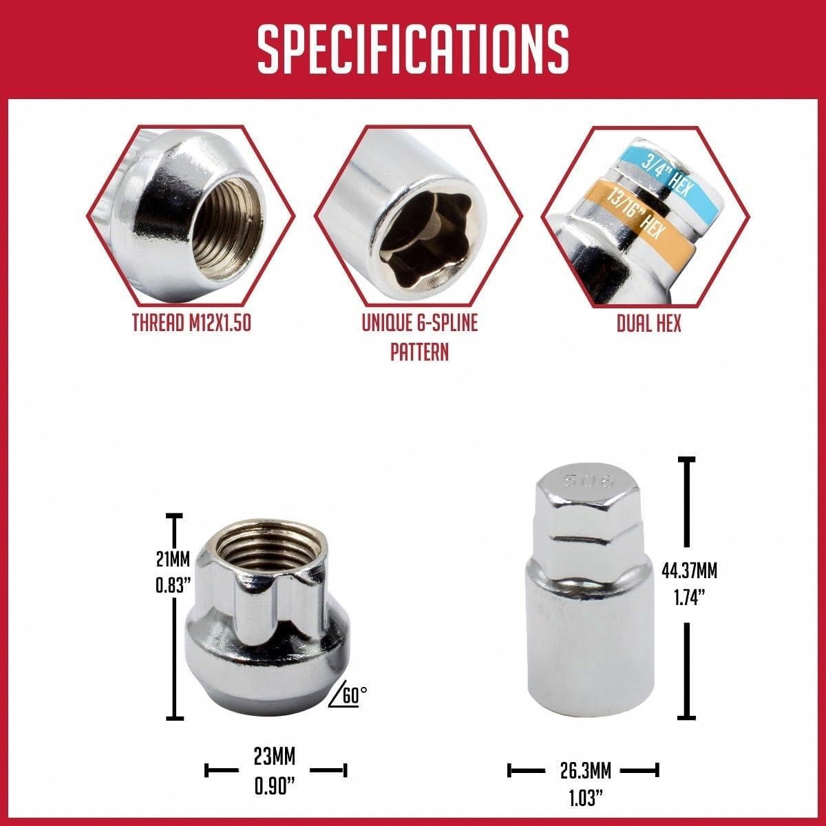 Cerraduras de Rueda M12x1.5 Cromo - 4 Piezas + Llave