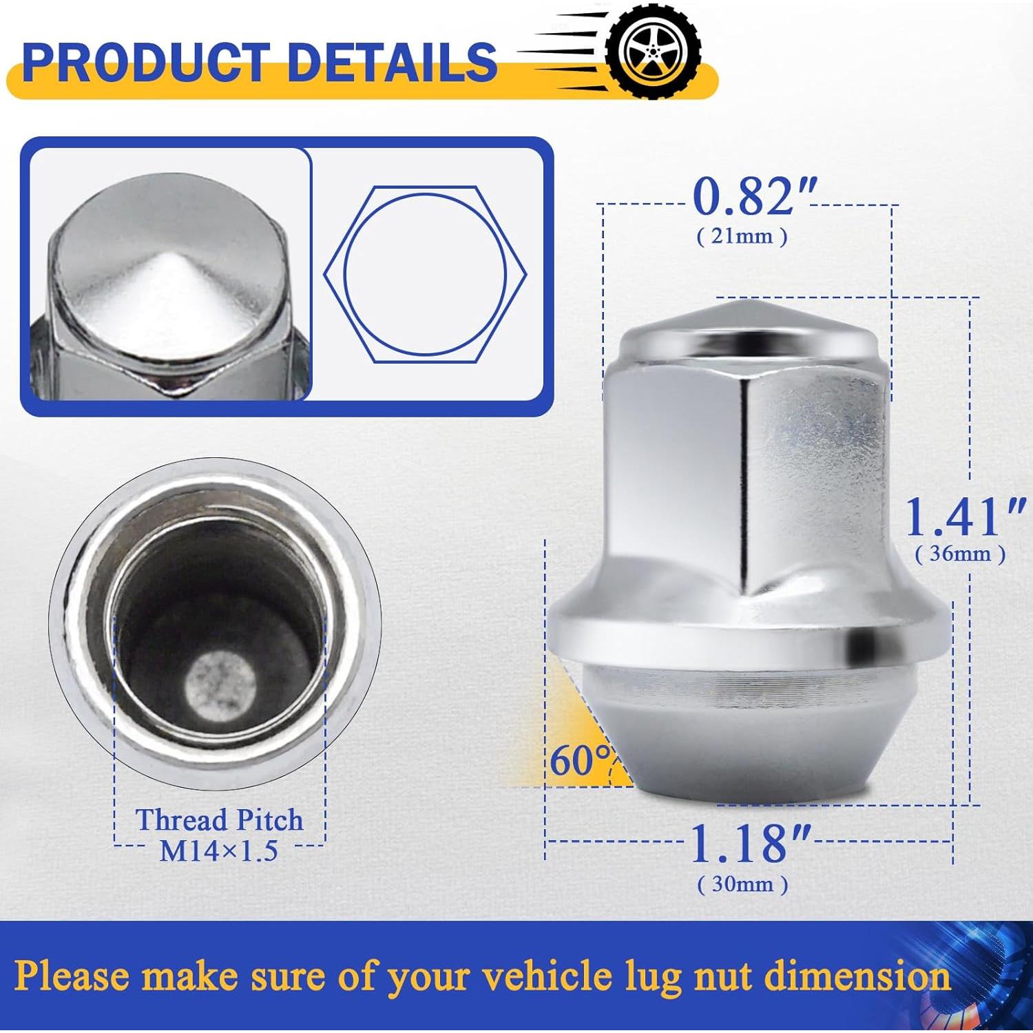 20 Tuercas de Rueda Cromadas M14x1.5 para Ford y Lincoln