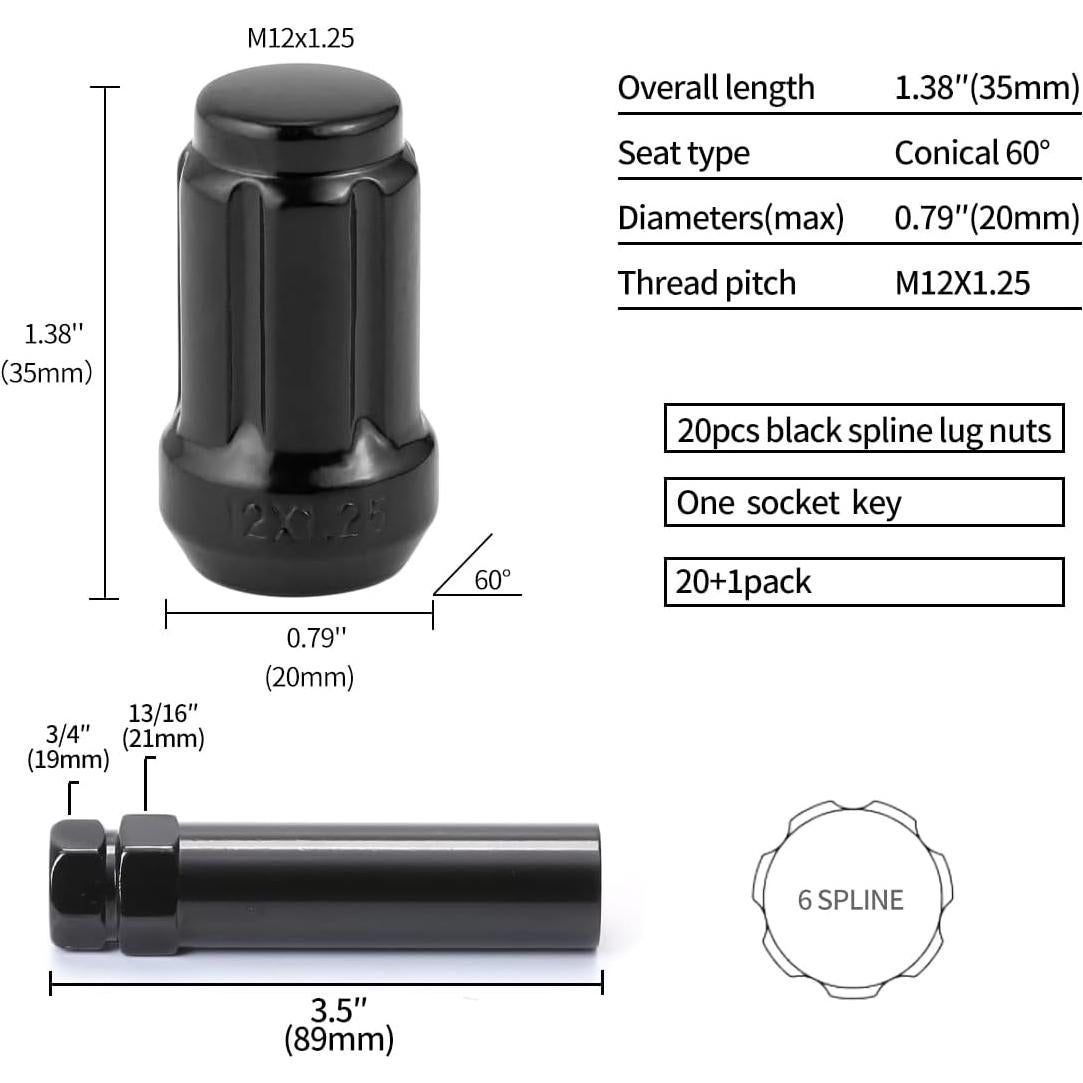 Tuercas de Rueda Antirrobo M12x1.25 ChnewAuto Negras - Juego de 20