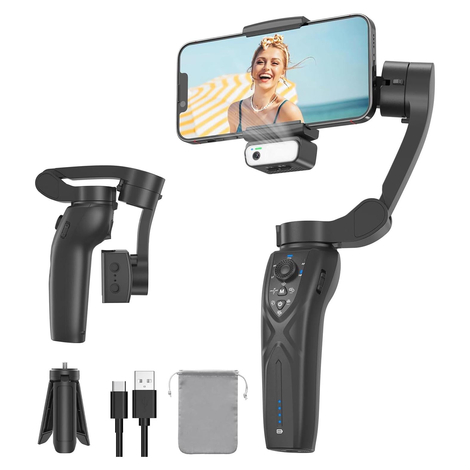 Gimbal Stabilizer for Smartphone, 3-Axis Phone Gimbal Portable and Foldable with AI Tracking Sensor Magnetic Fill Light, Gimbal Stabilizer for iPhone & Android, Phone stabilizer for Video Recording