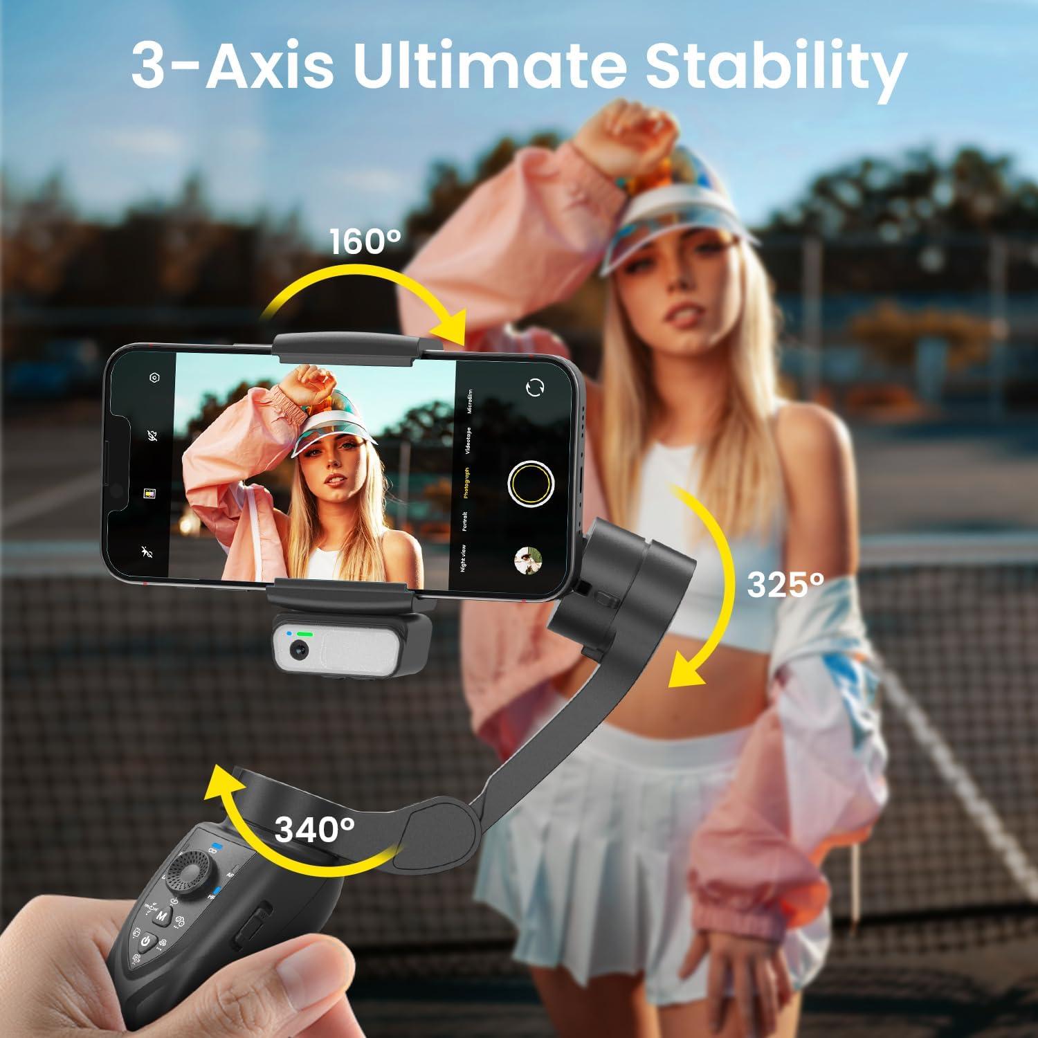 Gimbal Stabilizer for Smartphone, 3-Axis Phone Gimbal Portable and Foldable with AI Tracking Sensor Magnetic Fill Light, Gimbal Stabilizer for iPhone & Android, Phone stabilizer for Video Recording