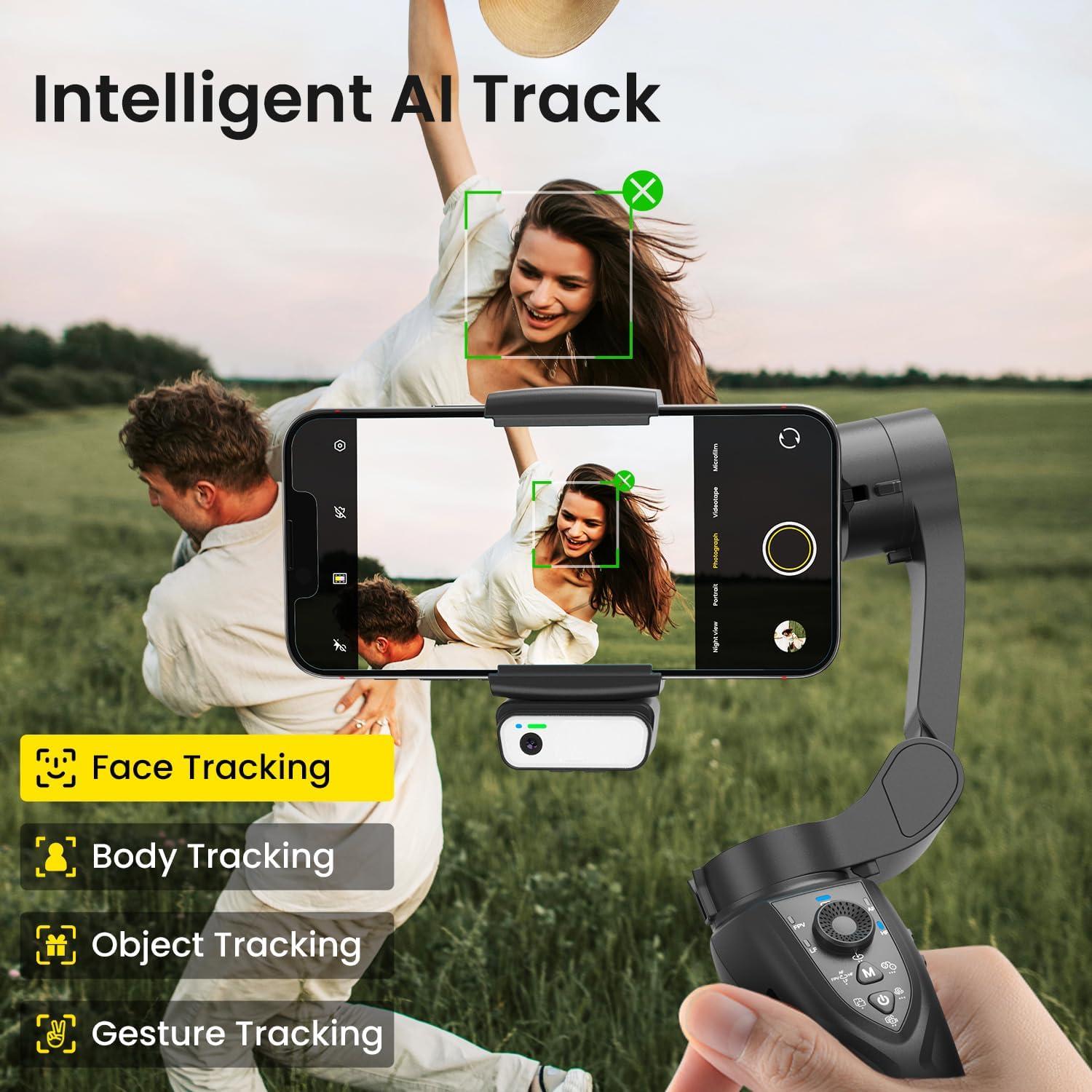 Gimbal Stabilizer for Smartphone, 3-Axis Phone Gimbal Portable and Foldable with AI Tracking Sensor Magnetic Fill Light, Gimbal Stabilizer for iPhone & Android, Phone stabilizer for Video Recording