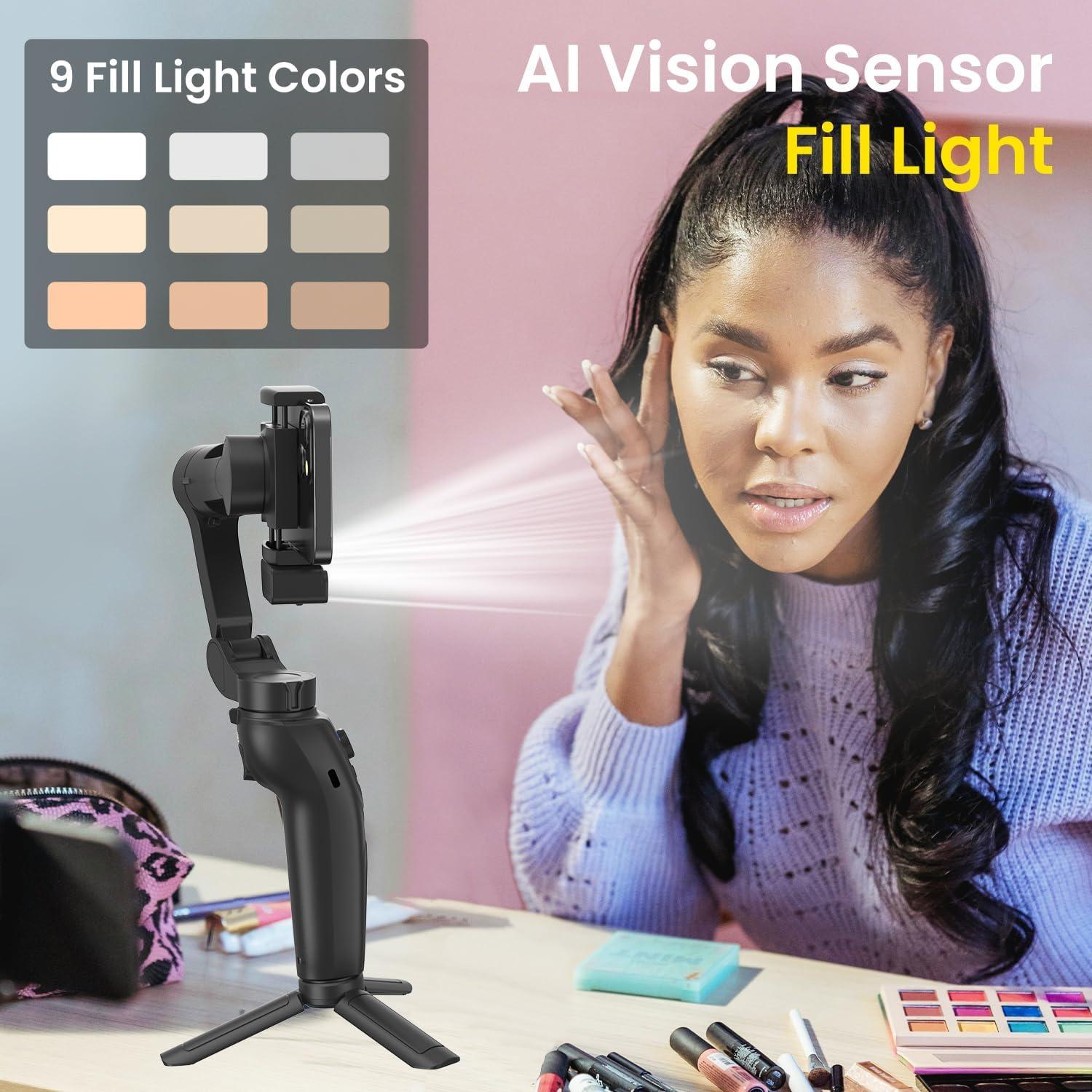 Gimbal Stabilizer for Smartphone, 3-Axis Phone Gimbal Portable and Foldable with AI Tracking Sensor Magnetic Fill Light, Gimbal Stabilizer for iPhone & Android, Phone stabilizer for Video Recording