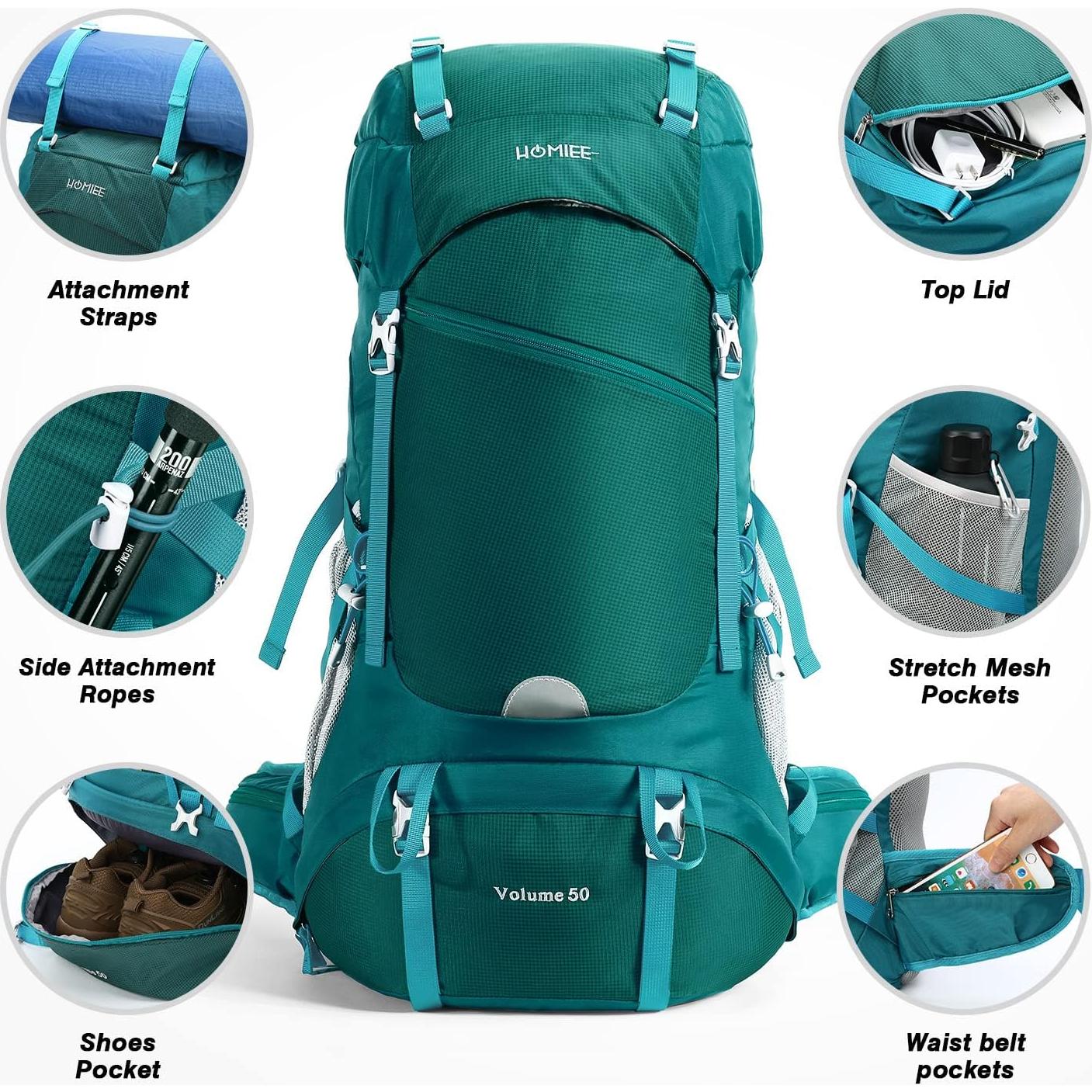 Mochila de Senderismo HOMIEE 50L Impermeable Verde