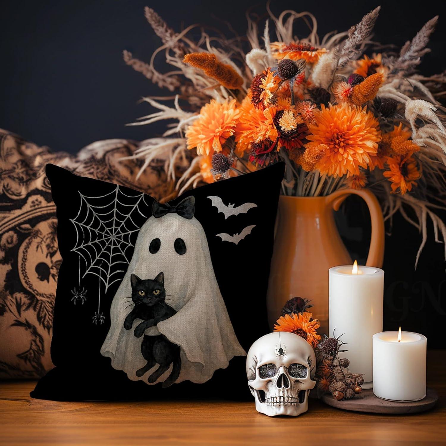 Funda de Almohada Halloween AOFANGGO 45x45 cm Fantasma Gato Negro