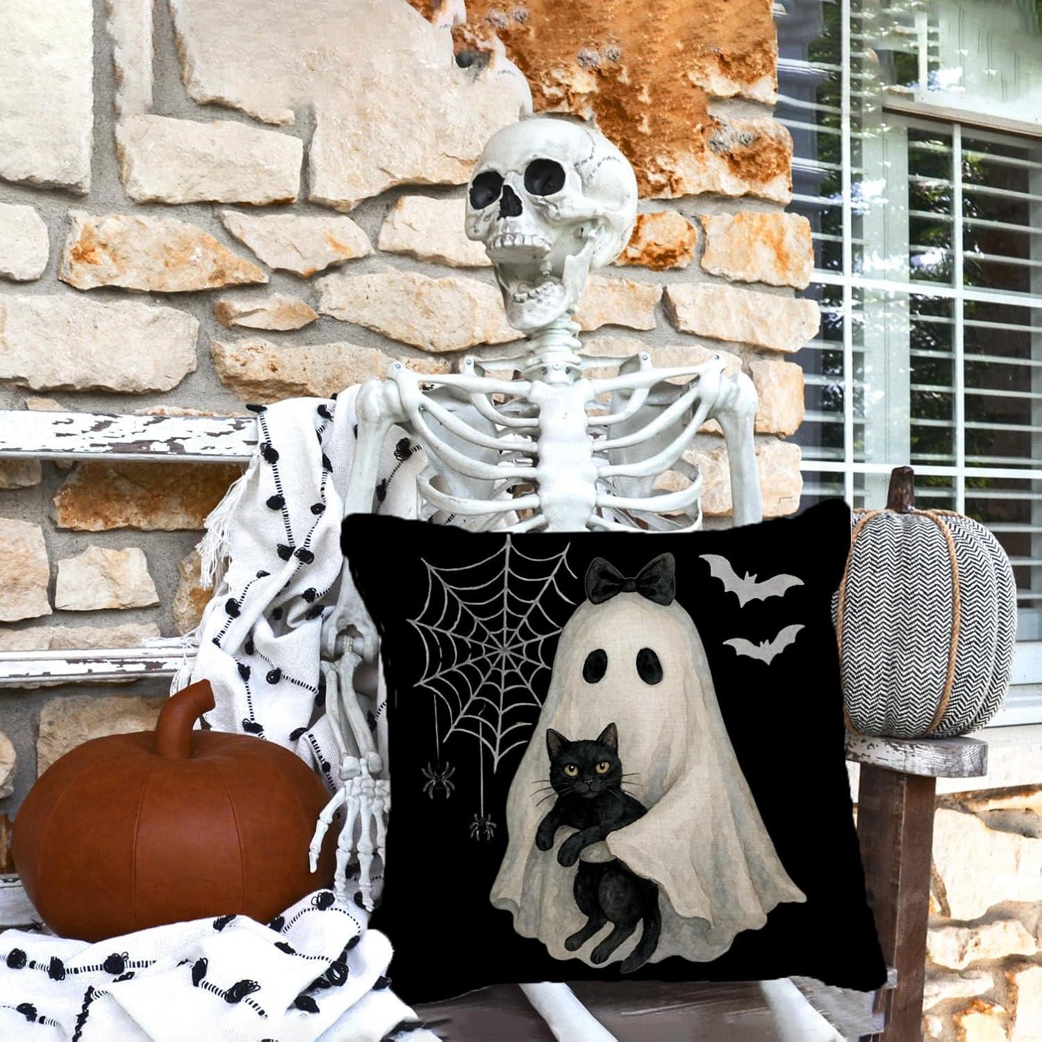Funda de Almohada Halloween AOFANGGO 45x45 cm Fantasma Gato Negro