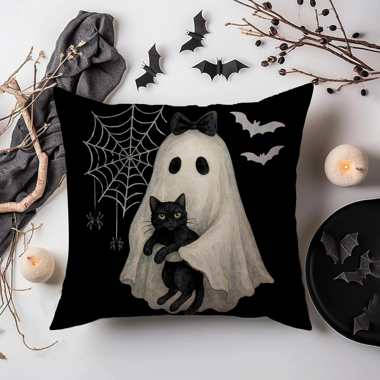 Funda de Almohada Halloween AOFANGGO 45x45 cm Fantasma Gato Negro
