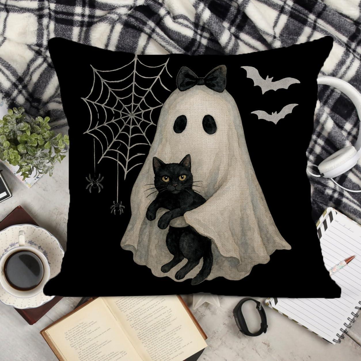 Funda de Almohada Halloween AOFANGGO 45x45 cm Fantasma Gato Negro