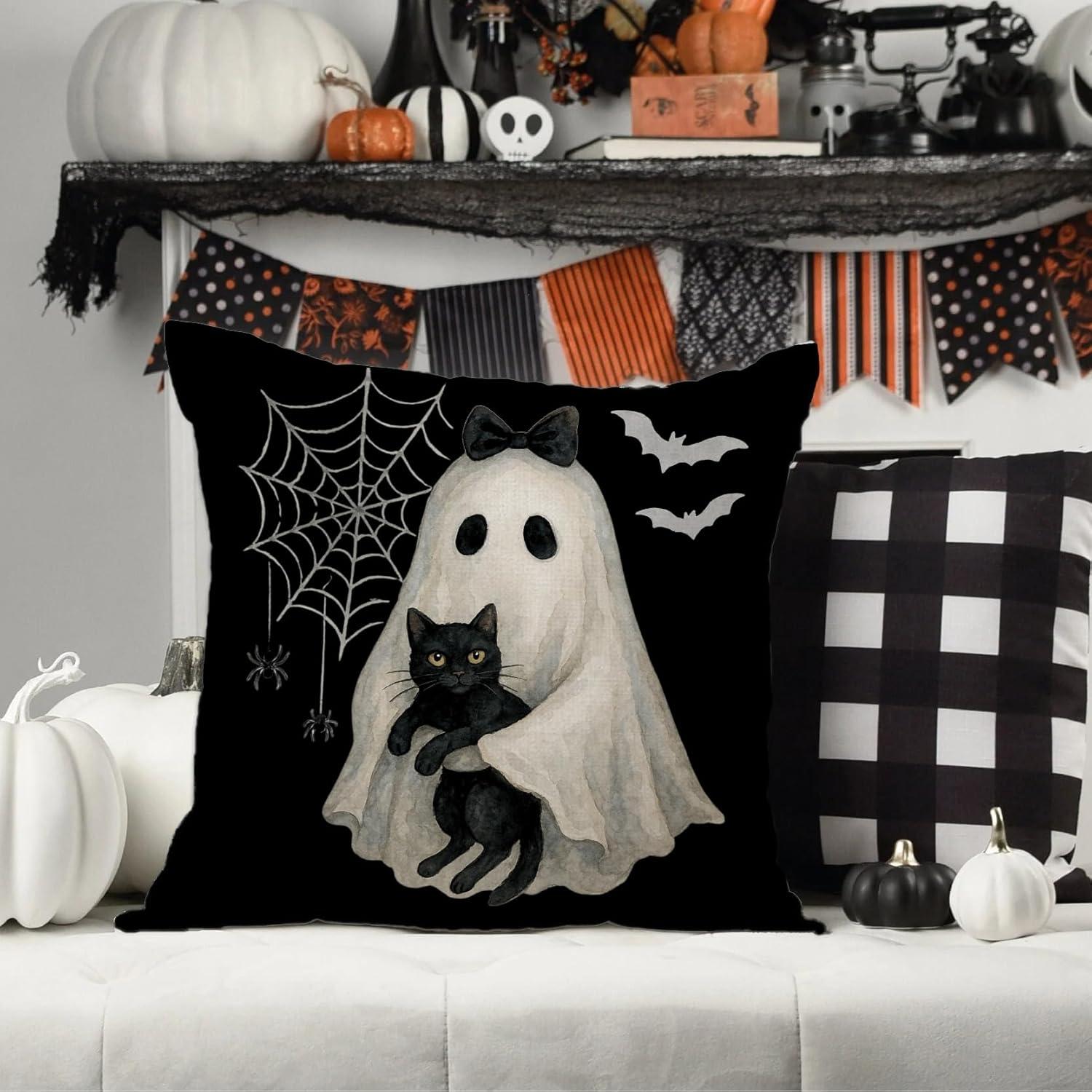 Funda de Almohada Halloween AOFANGGO 45x45 cm Fantasma Gato Negro