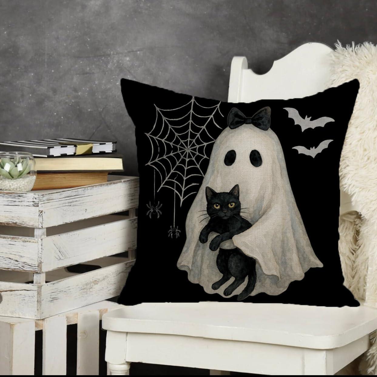 Funda de Almohada Halloween AOFANGGO 45x45 cm Fantasma Gato Negro