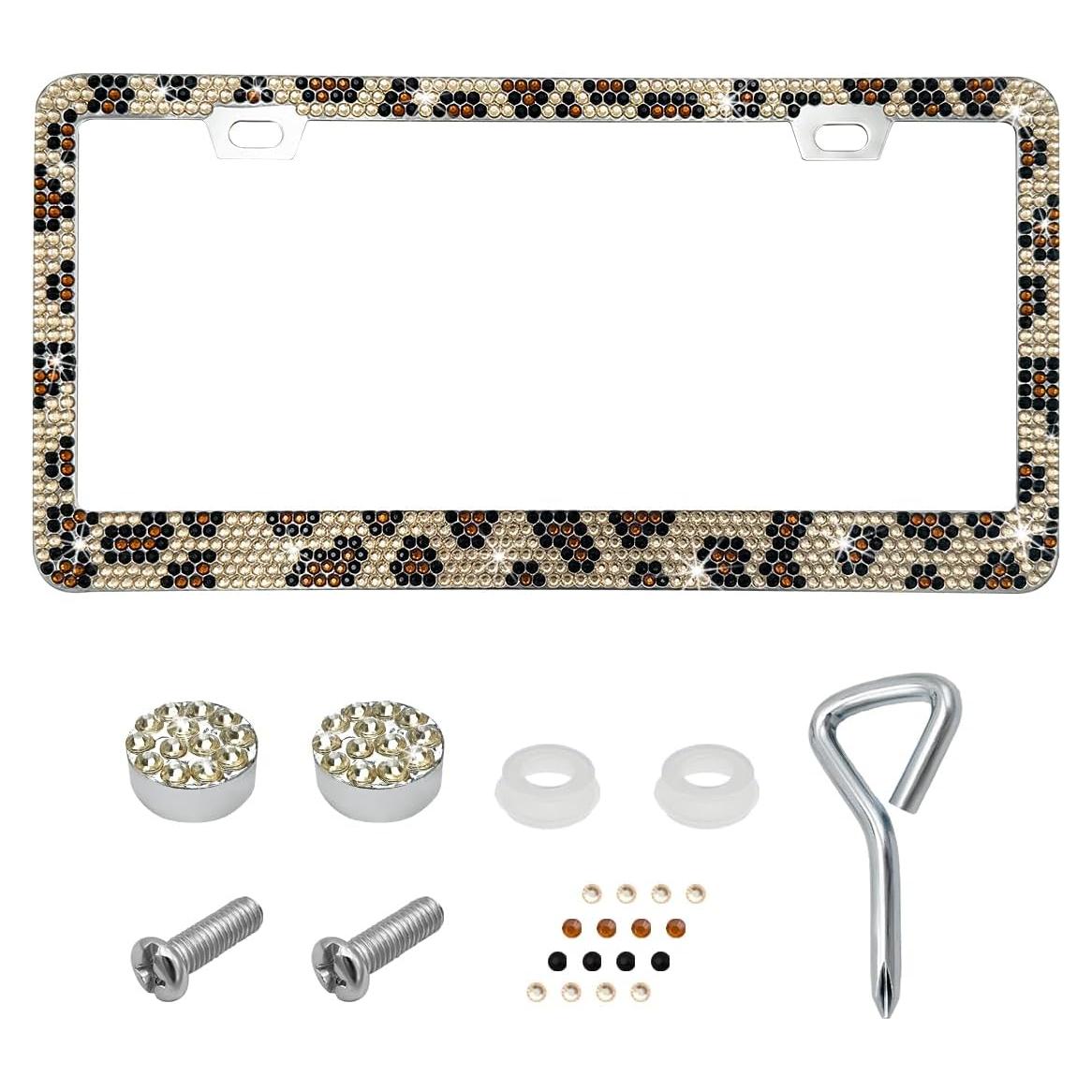 Marco de Placa de Licencia Brillante DXNQ Leopardo Acero Inoxidable