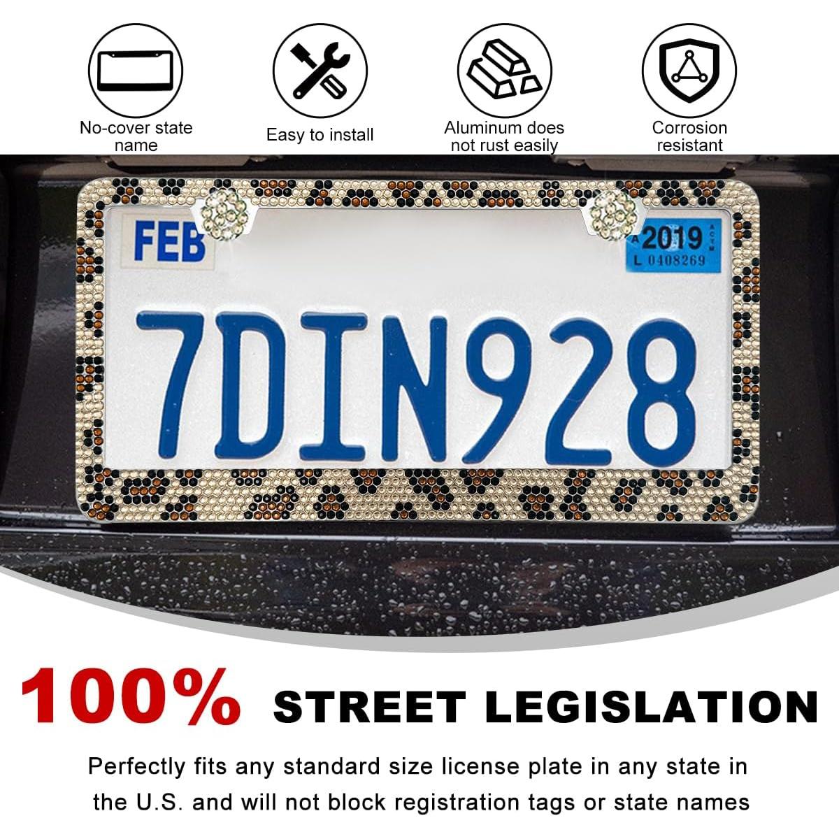 Marco de Placa de Licencia Brillante DXNQ Leopardo Acero Inoxidable