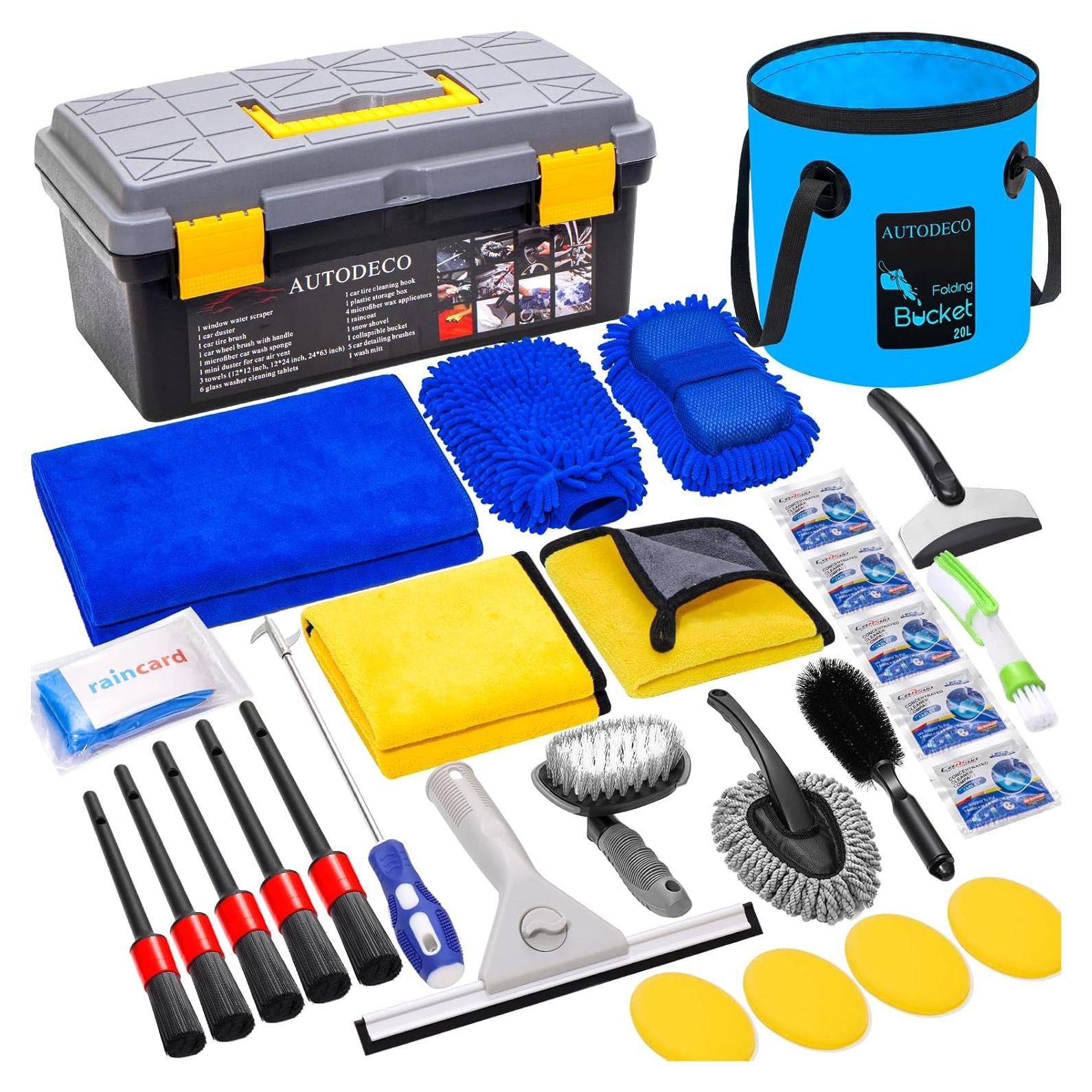 Kit de Limpieza de Coche AUTODECO 30 Piezas con Cubo Plegable