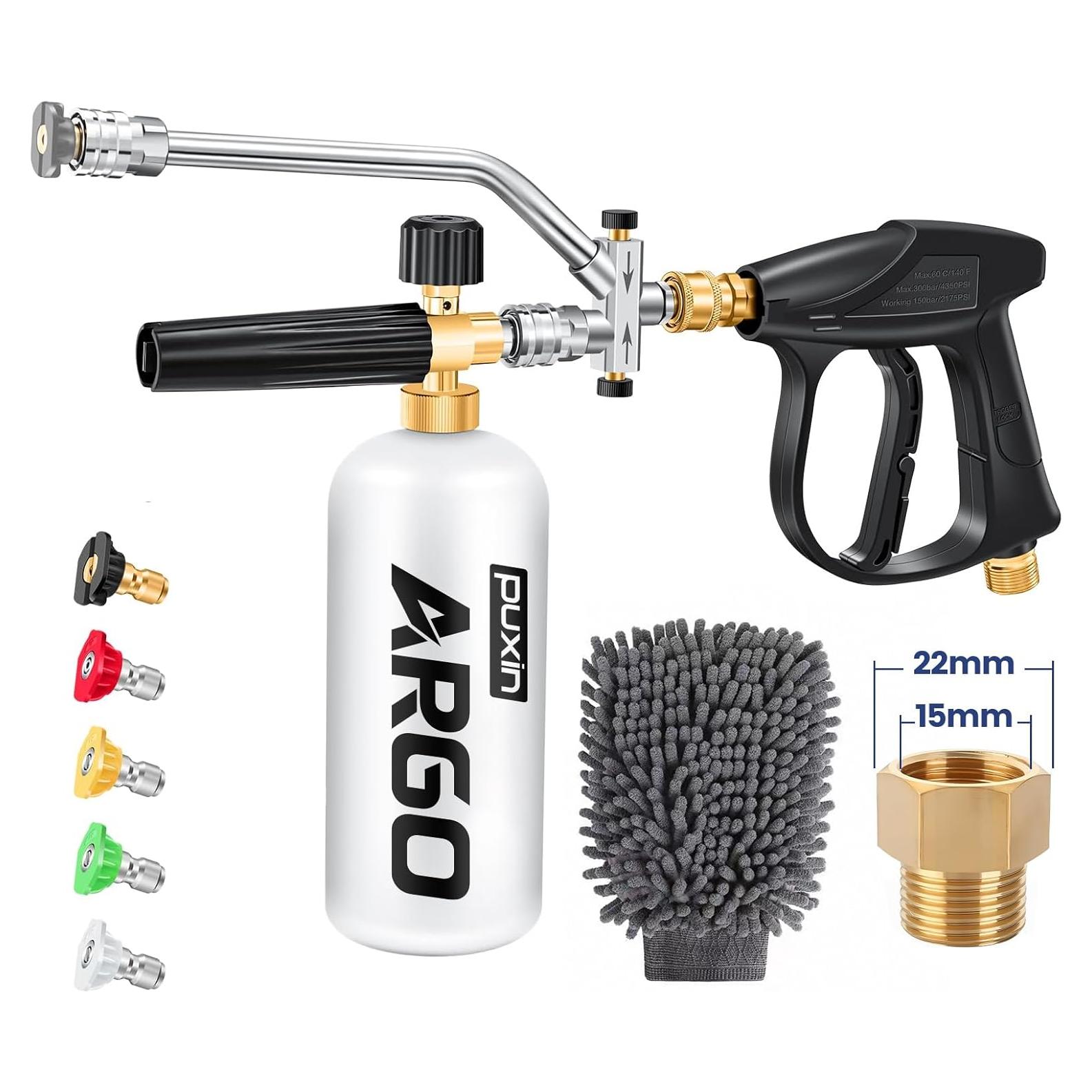 Foam Cannon for Pressure Washer, Stubby Gun with Dual Connector (M22-15mm Adapter + Wash Mitt), 5 Nozzles Car Wash Foam Blaster, 1/4" Quick Connect for Auto/Home