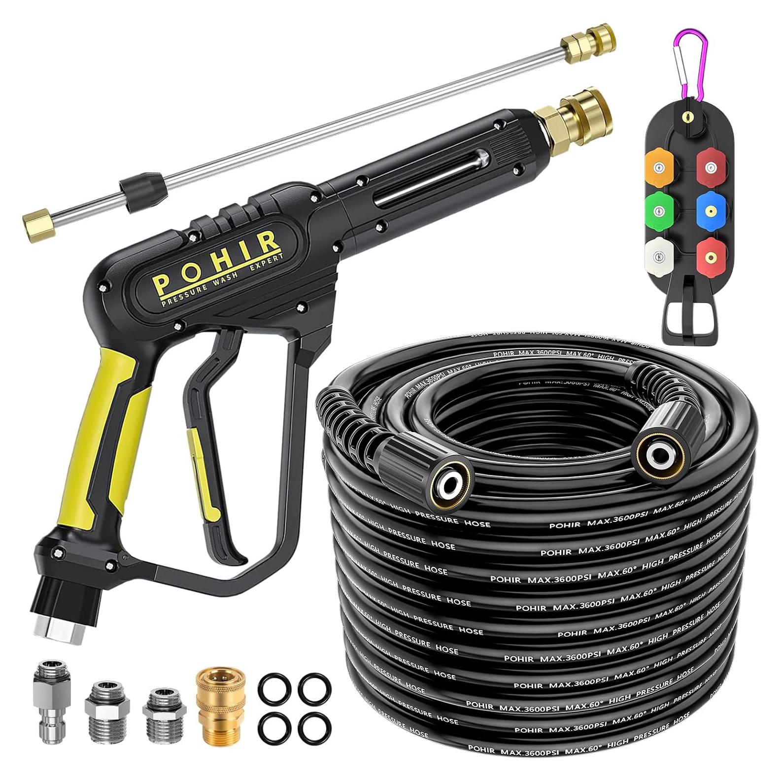 POHIR Pressure Washer Gun and 50FT Hose Kit, 3600 PSI Power Washer Gun Comes With 15in Extension Wand Parts 7 Nozzle Tips Quick Connect Set For Home Cleaning and Car Washing