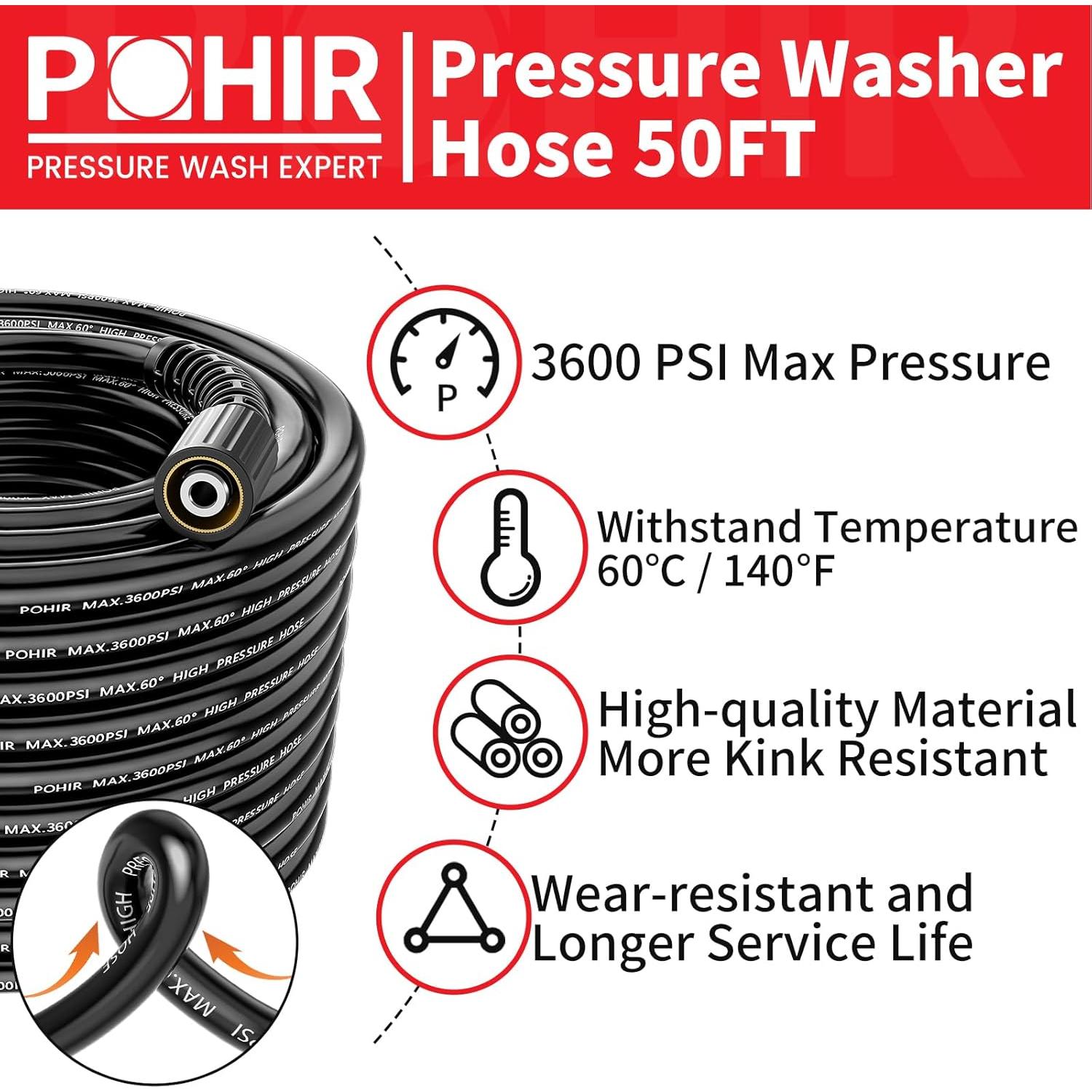 POHIR Pressure Washer Gun and 50FT Hose Kit, 3600 PSI Power Washer Gun Comes With 15in Extension Wand Parts 7 Nozzle Tips Quick Connect Set For Home Cleaning and Car Washing