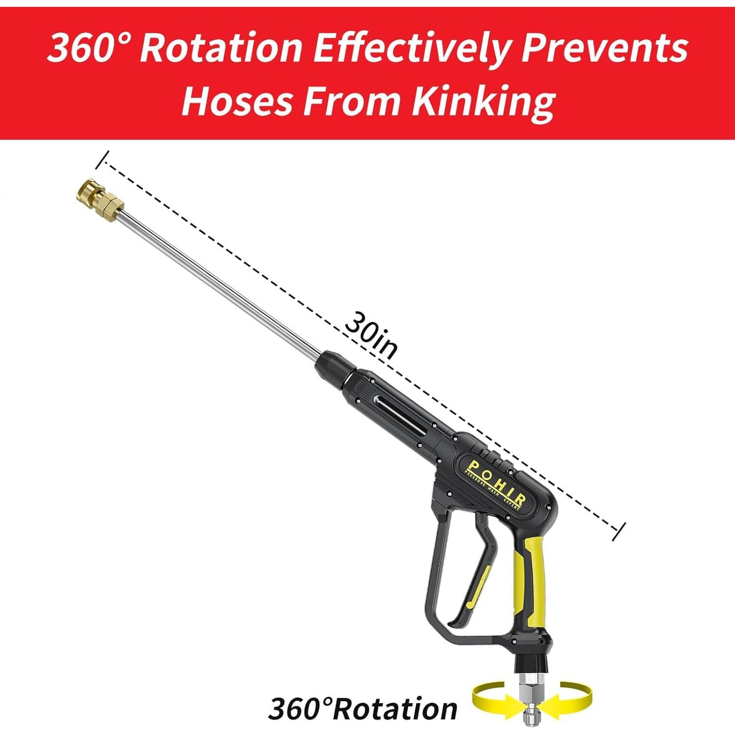 POHIR Pressure Washer Gun and 50FT Hose Kit, 3600 PSI Power Washer Gun Comes With 15in Extension Wand Parts 7 Nozzle Tips Quick Connect Set For Home Cleaning and Car Washing