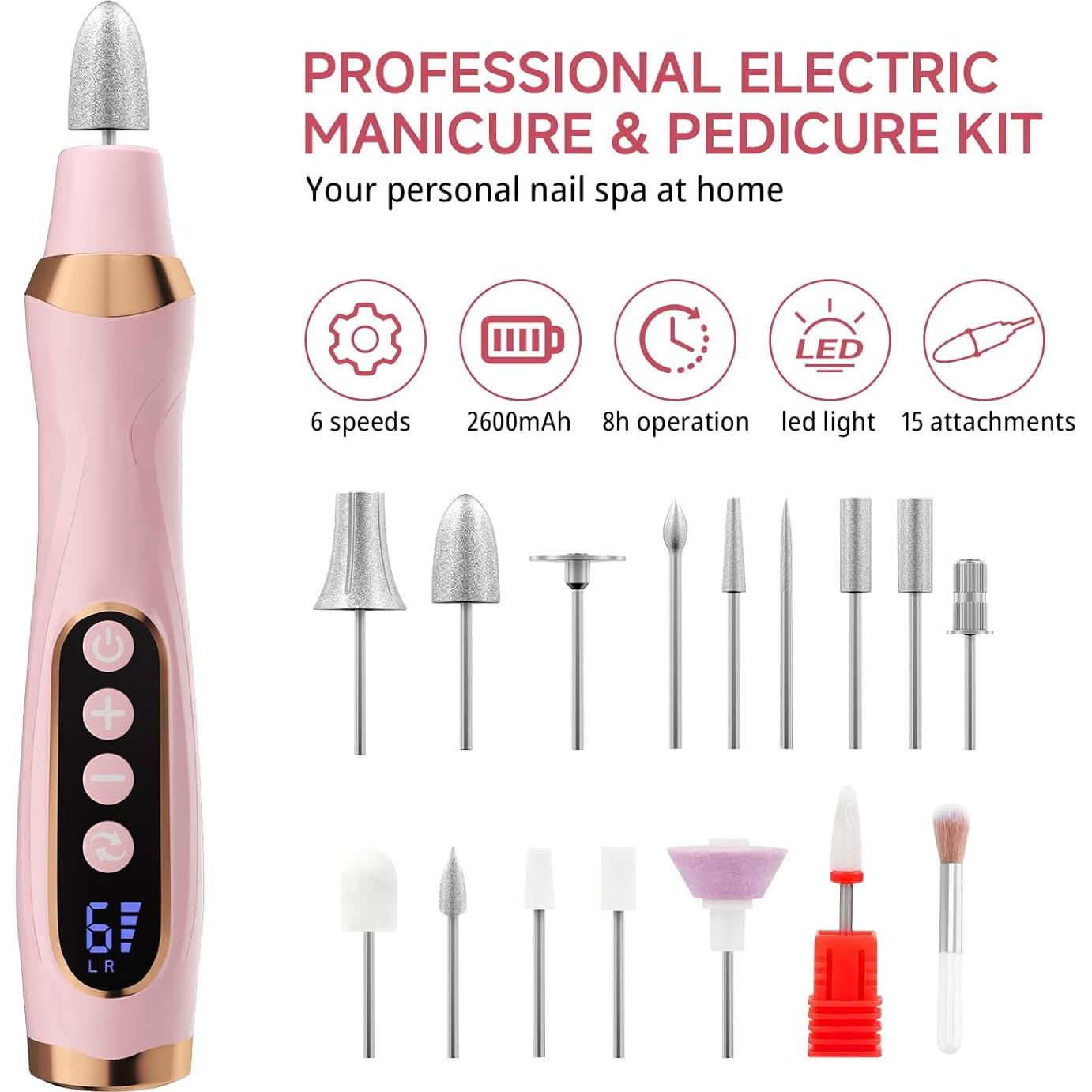 Kit de Manicura y Pedicura MEOUNEQU, Taladro Eléctrico 6 Velocidades